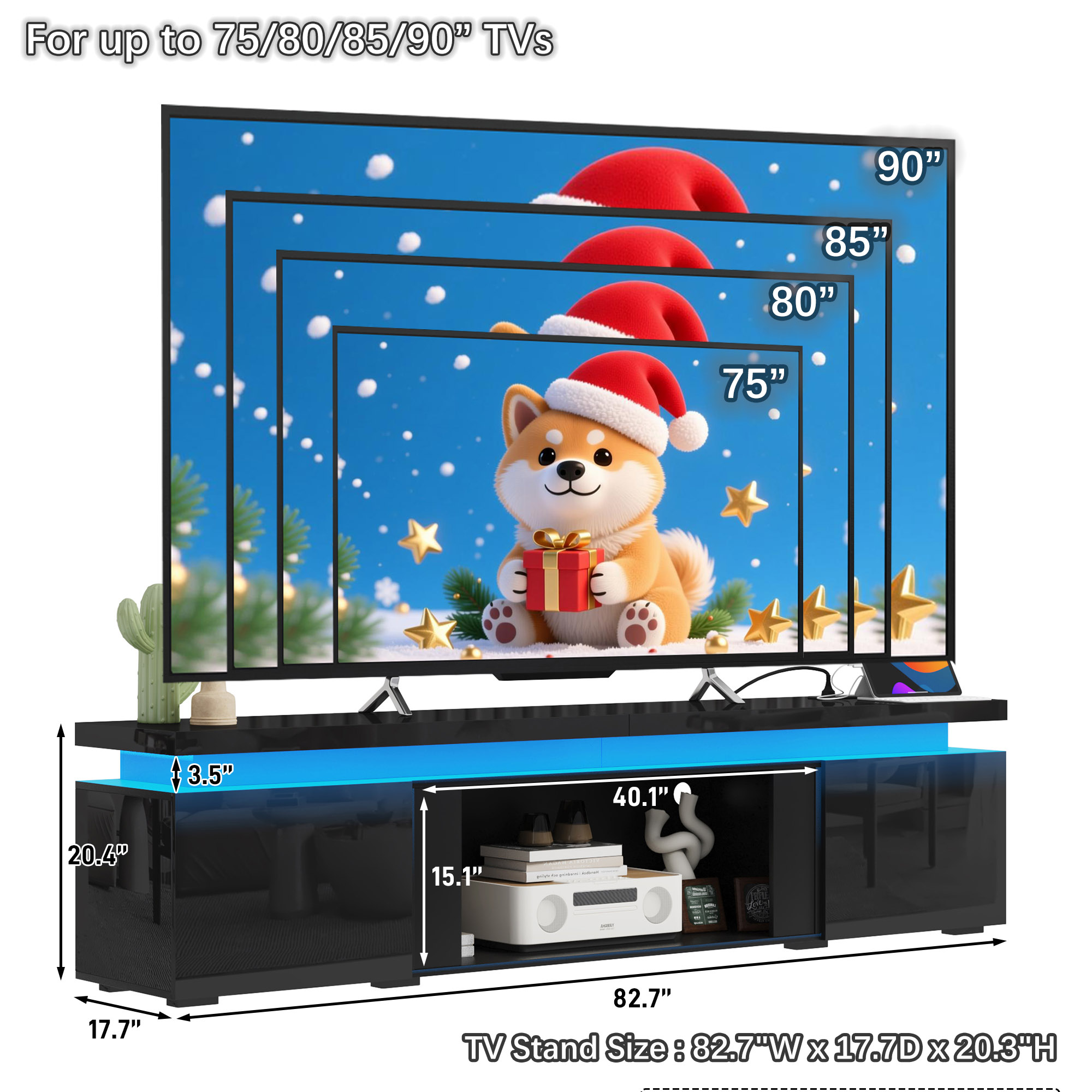  LED TV Stand for 65" 70" 75" 80" TVs, Modern TV Stand with Power Outlet, High Gloss TV Console Entertainment Center with 40" Open Storage for Living Room