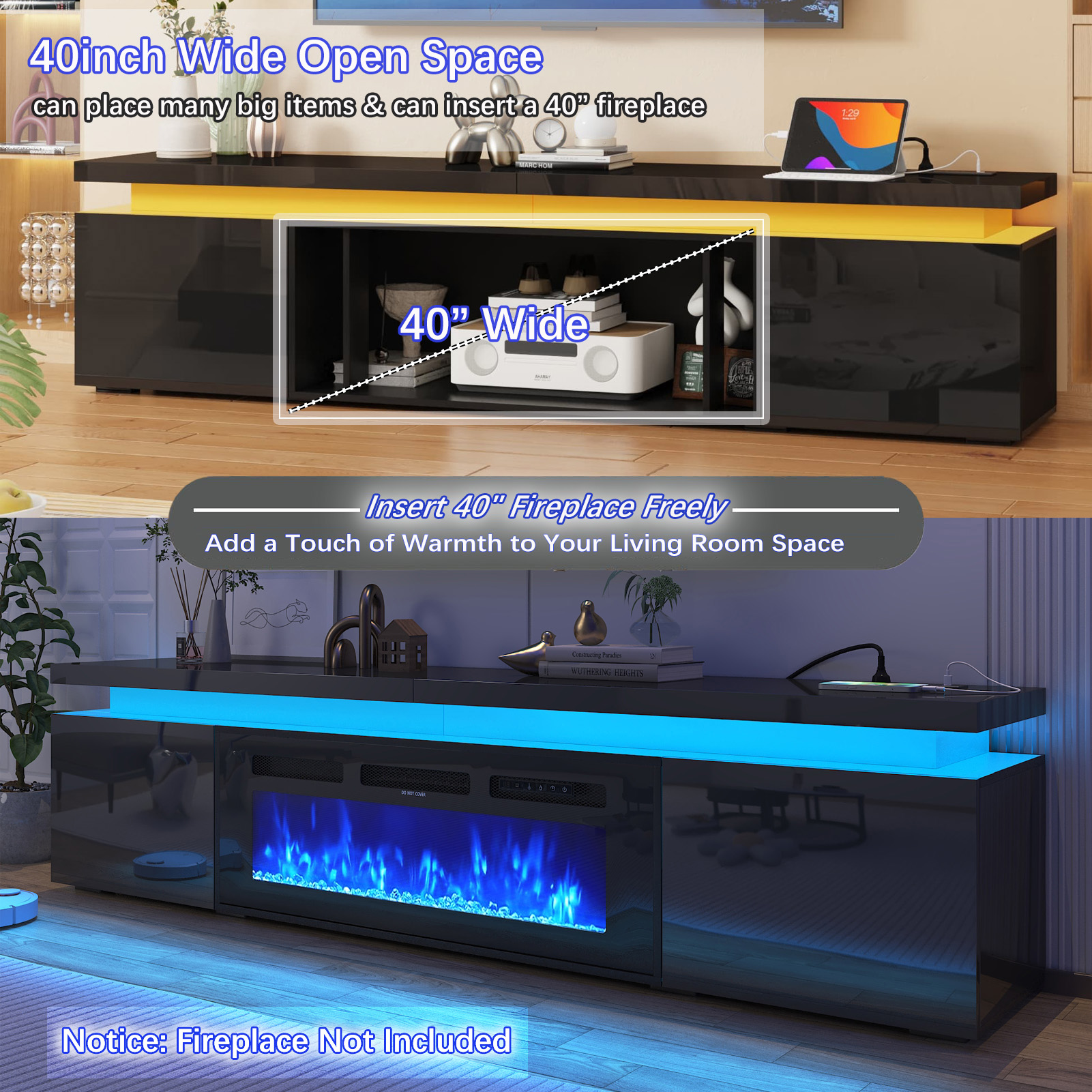  LED TV Stand for 65" 70" 75" 80" TVs, Modern TV Stand with Power Outlet, High Gloss TV Console Entertainment Center with 40" Open Storage for Living Room