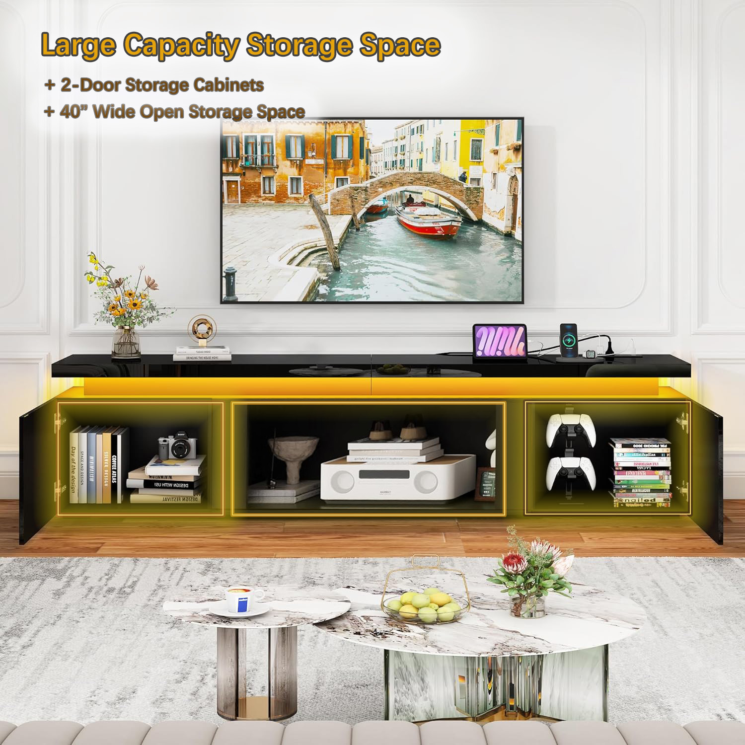  LED TV Stand for 65" 70" 75" 80" TVs, Modern TV Stand with Power Outlet, High Gloss TV Console Entertainment Center with 40" Open Storage for Living Room