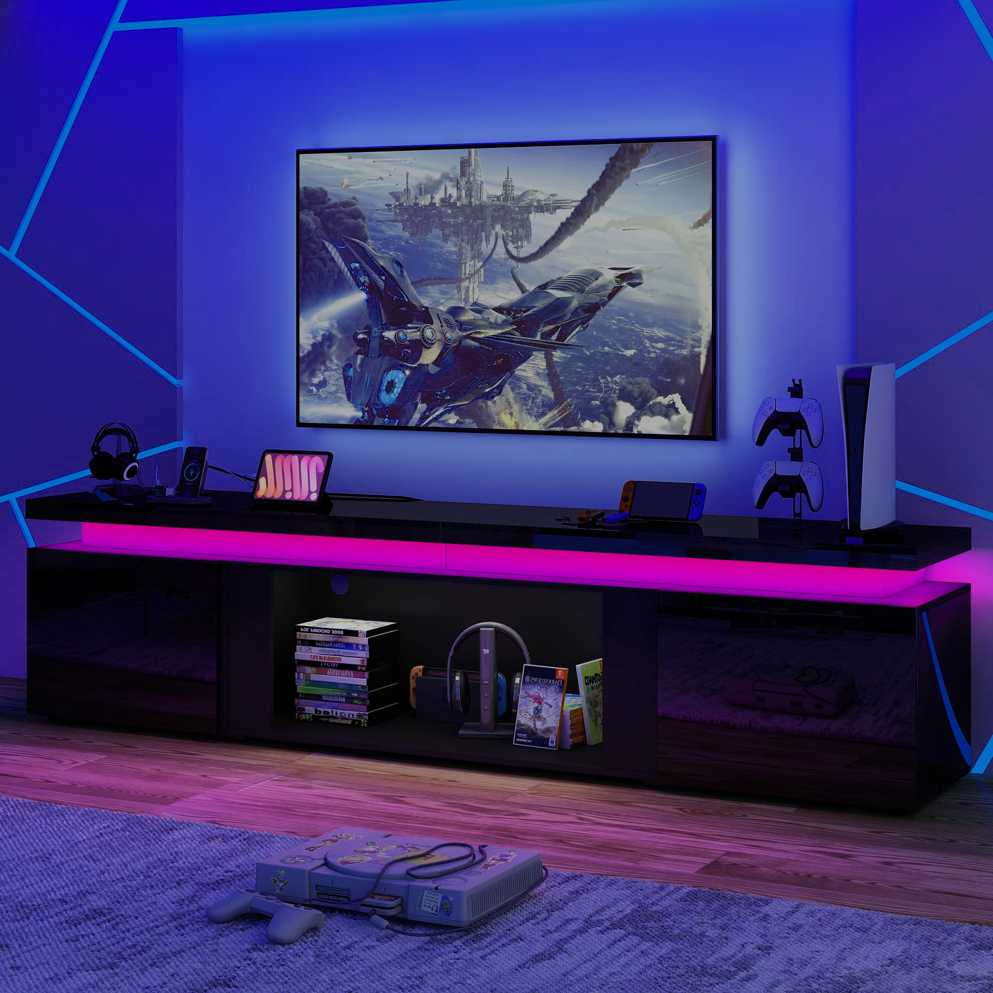  LED TV Stand for 65" 70" 75" 80" TVs, Modern TV Stand with Power Outlet, High Gloss TV Console Entertainment Center with 40" Open Storage for Living Room