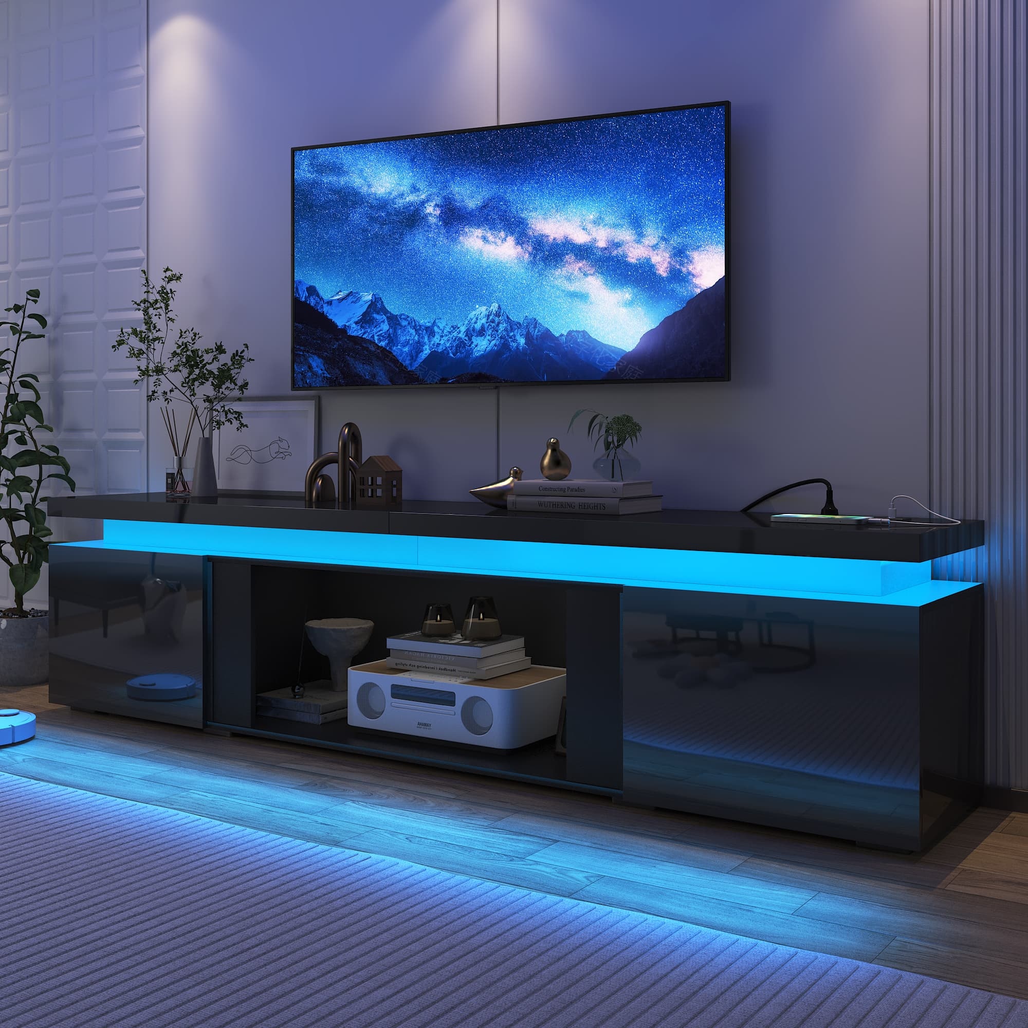  LED TV Stand for 65" 70" 75" 80" TVs, Modern TV Stand with Power Outlet, High Gloss TV Console Entertainment Center with 40" Open Storage for Living Room