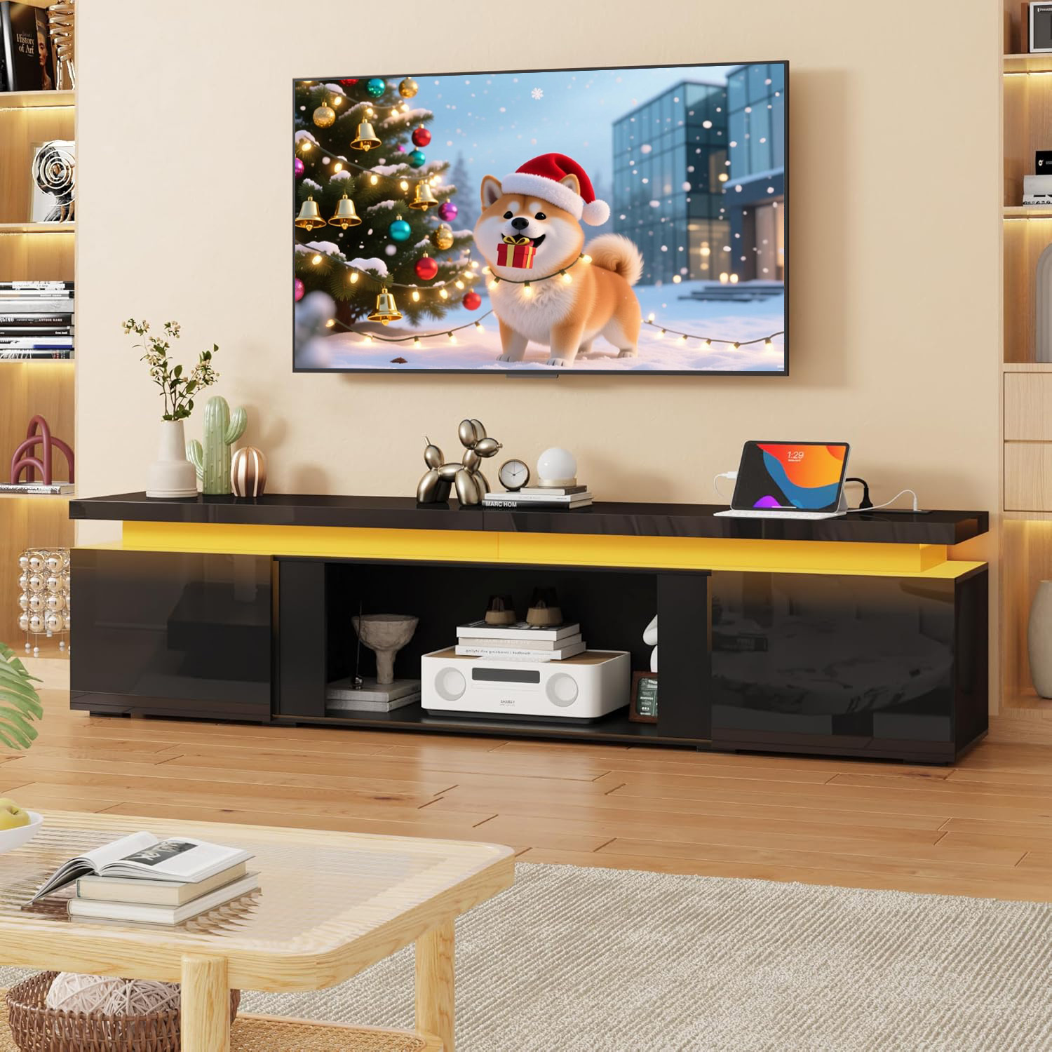  LED TV Stand for 65" 70" 75" 80" TVs, Modern TV Stand with Power Outlet, High Gloss TV Console Entertainment Center with 40" Open Storage for Living Room