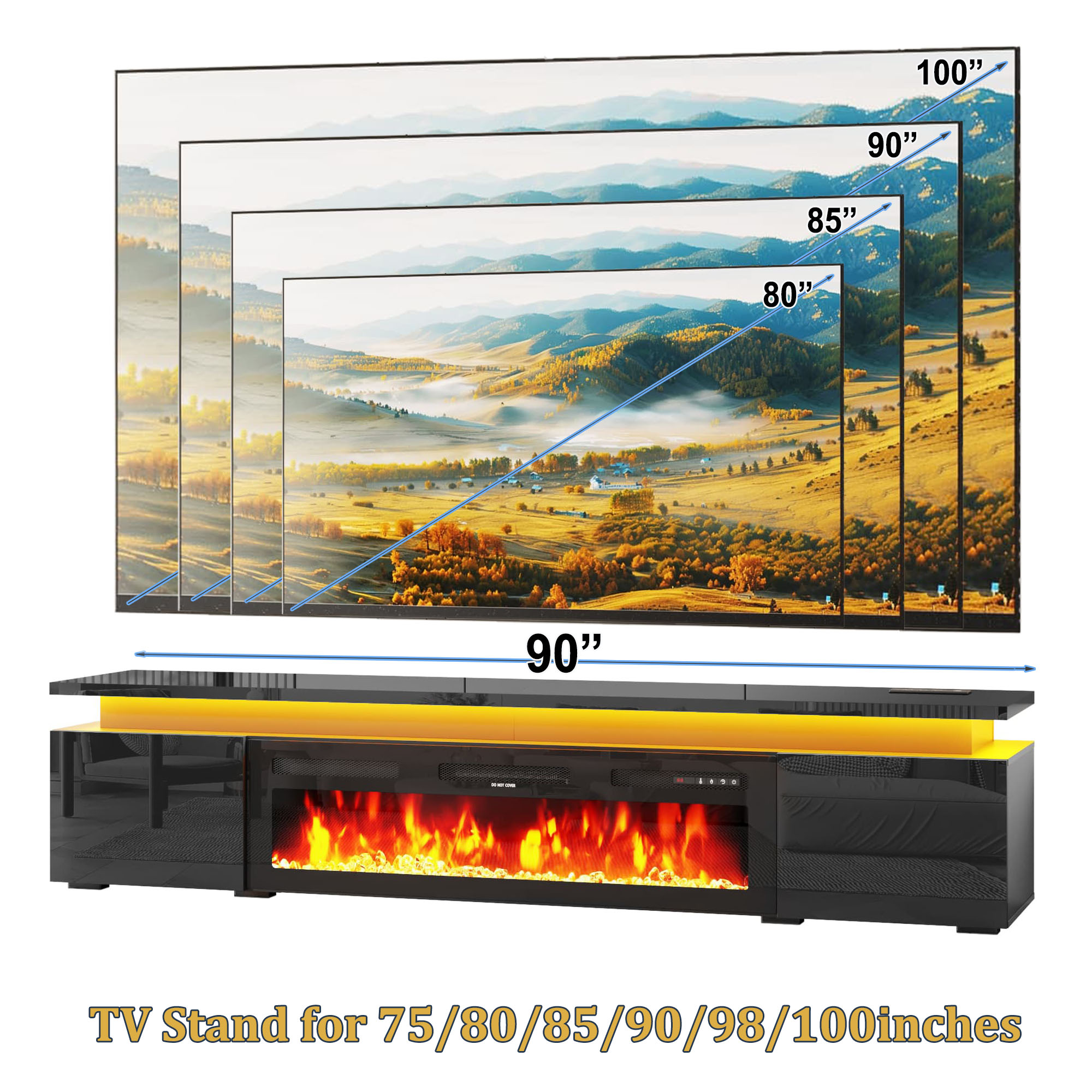 Chvans 90" Large Fireplace TV Stand for 85" 98" 100" TVs with 50" Electric Fireplace