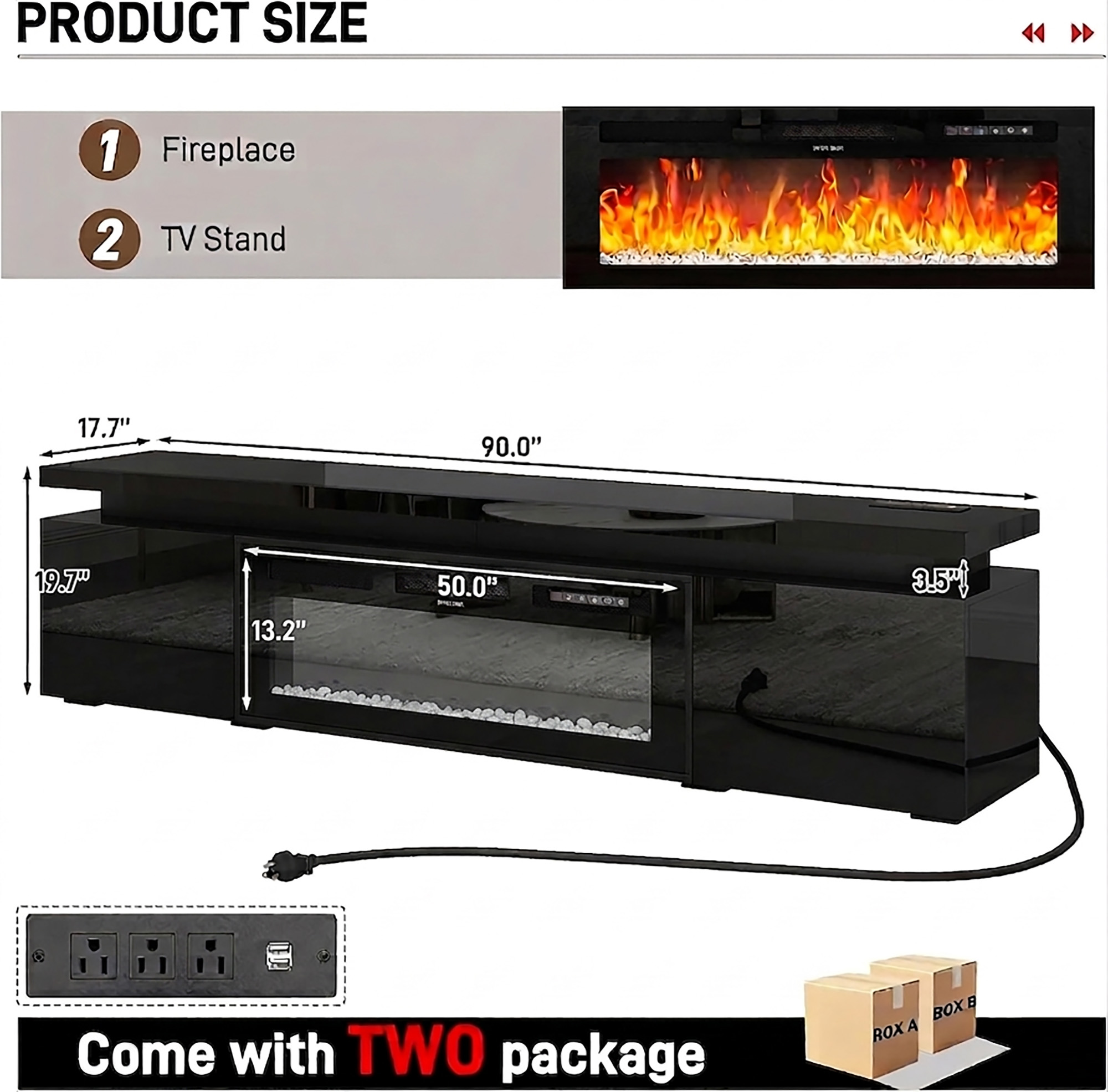 Chvans 90" Large Fireplace TV Stand for 85" 98" 100" TVs with 50" Electric Fireplace