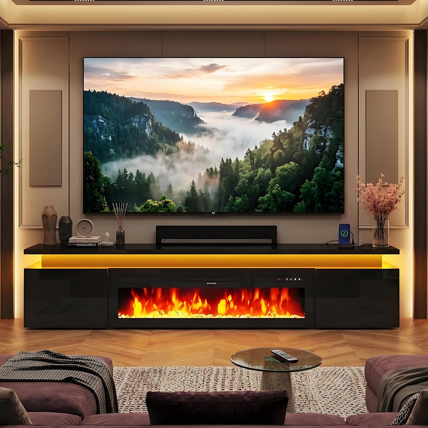 Chvans 90" Large Fireplace TV Stand for 85" 98" 100" TVs with 50" Electric Fireplace