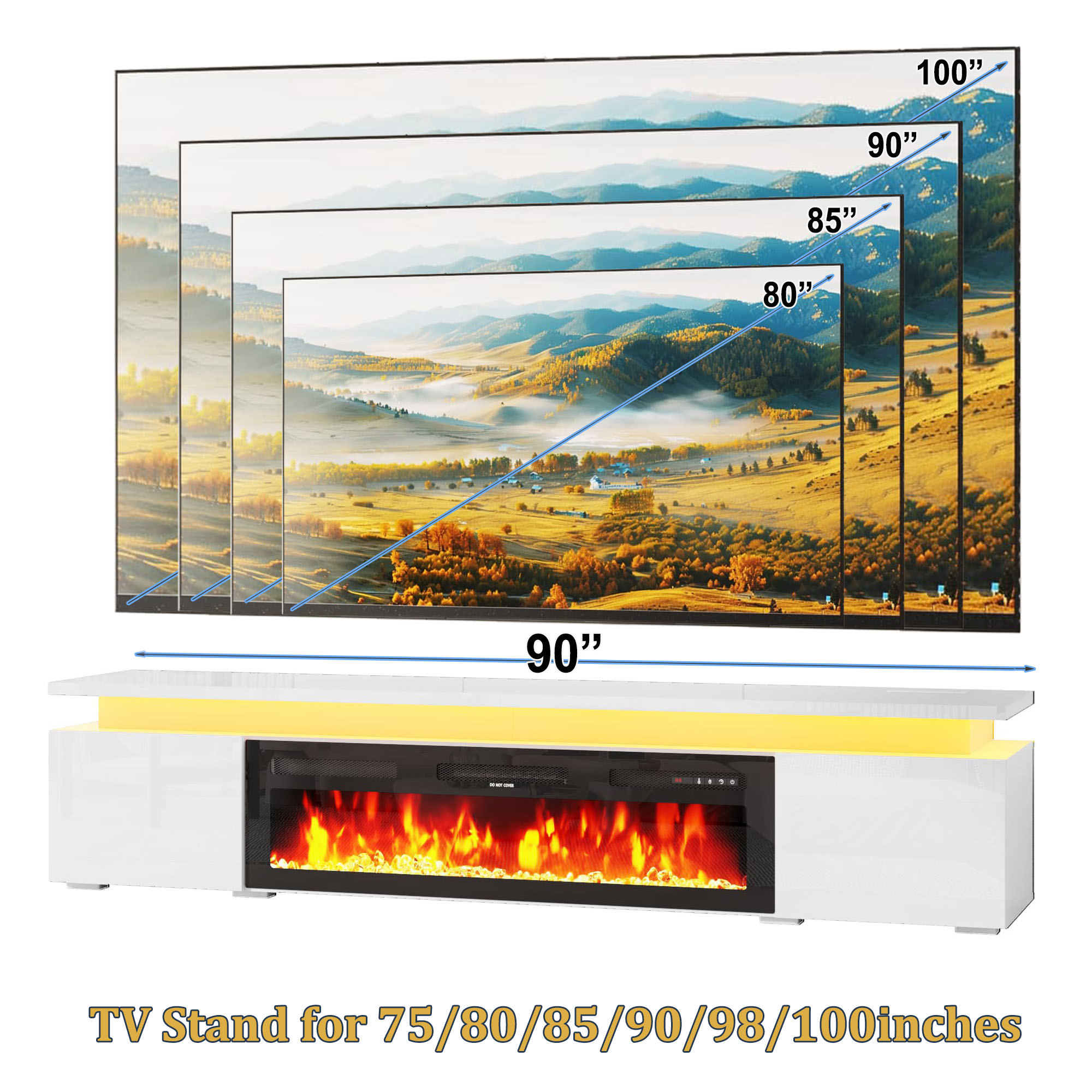 Chvans 90" Large Fireplace TV Stand for 85" 98" 100" TVs with 50" Electric Fireplace