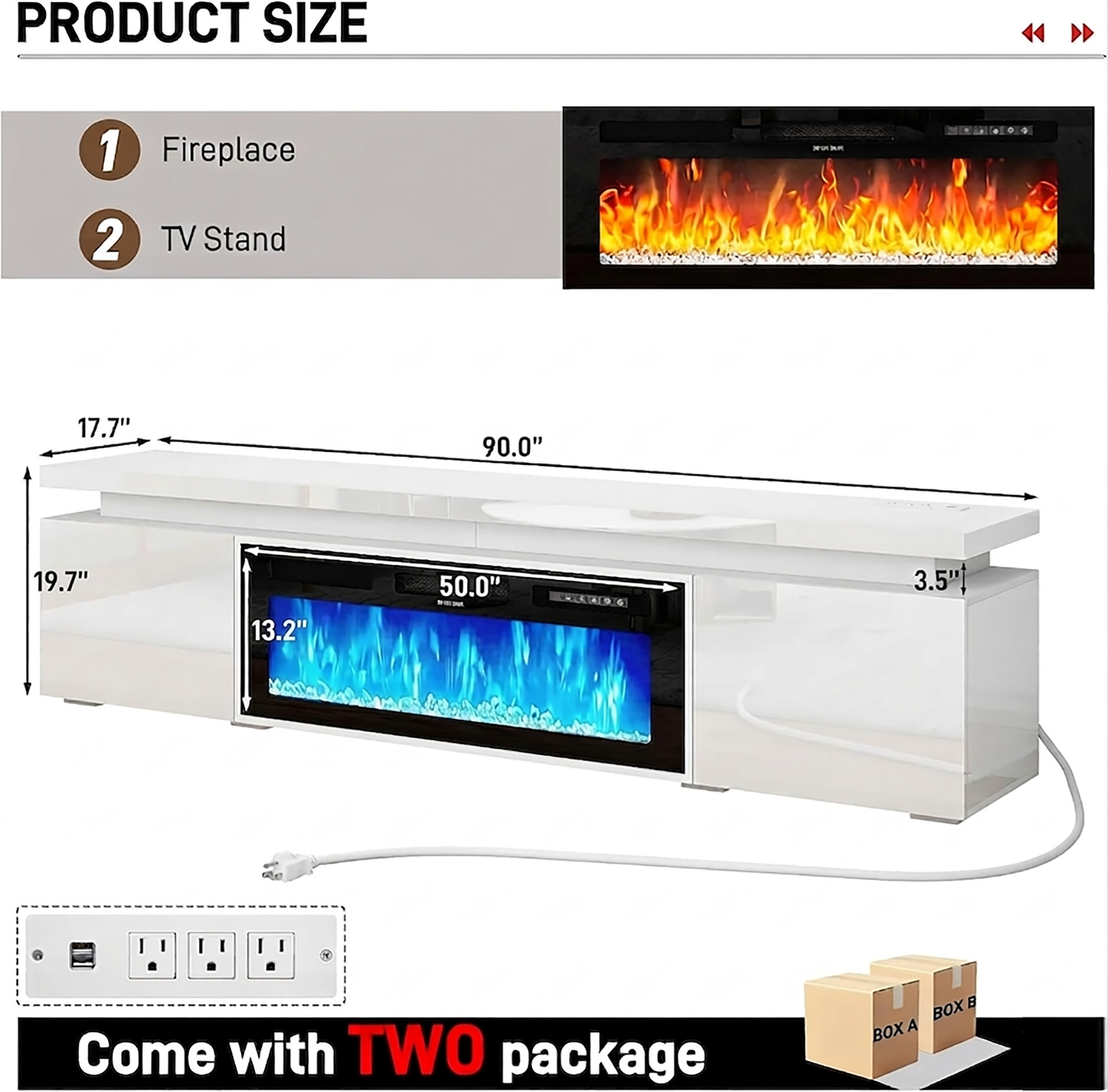 Chvans 90" Large Fireplace TV Stand for 85" 98" 100" TVs with 50" Electric Fireplace
