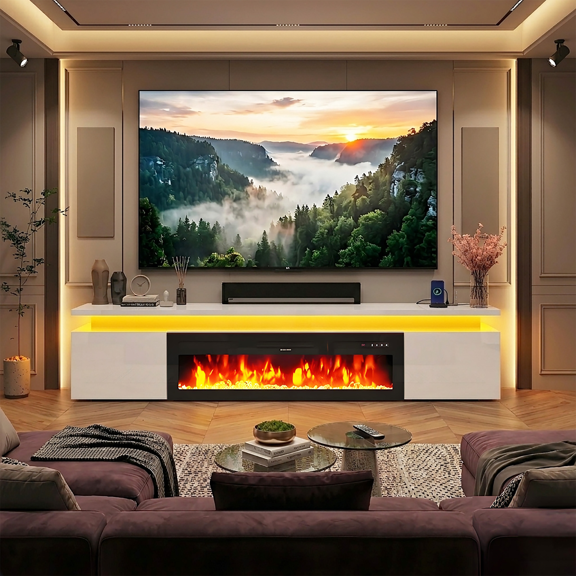 Chvans 90" Large Fireplace TV Stand for 85" 98" 100" TVs with 50" Electric Fireplace