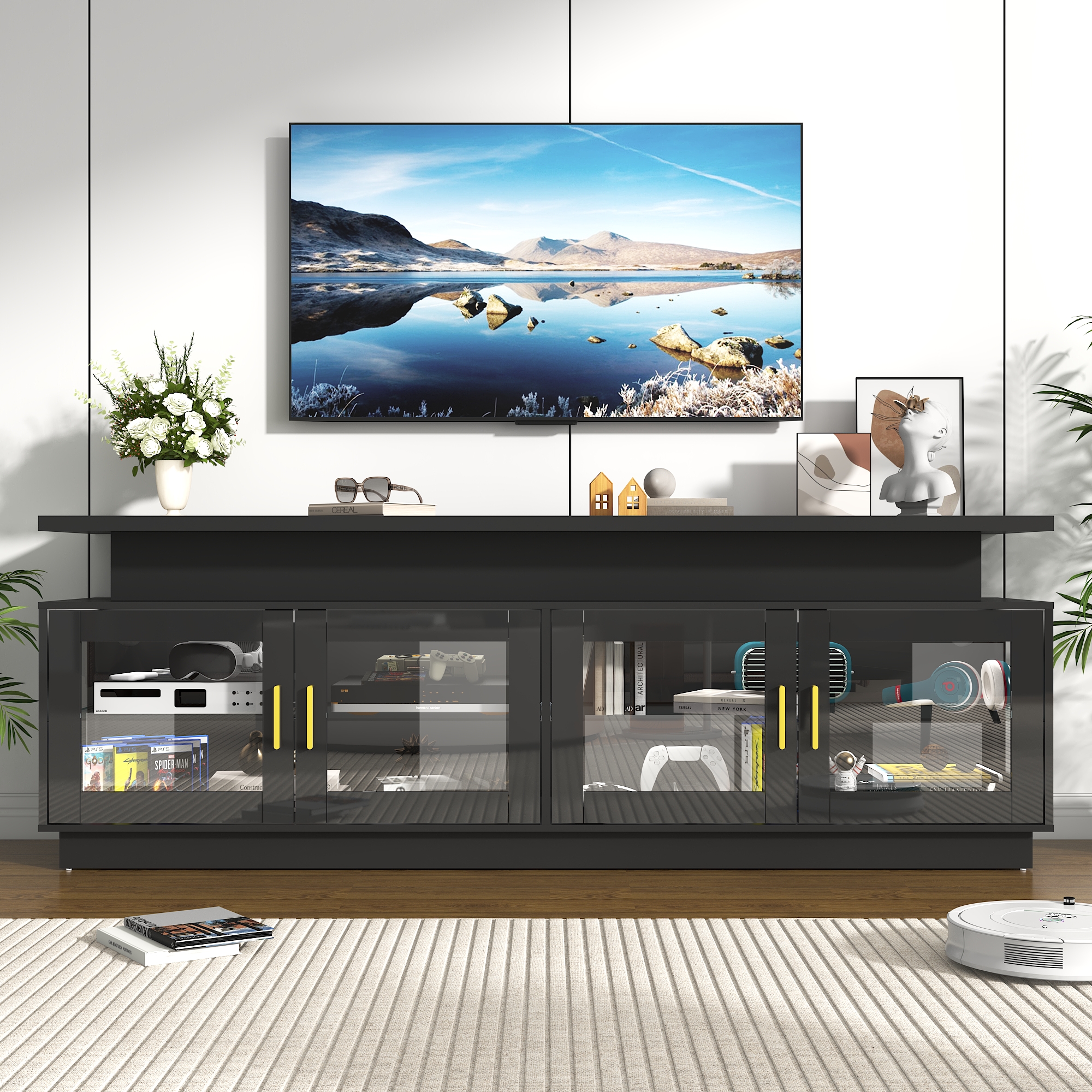 ChVans 71" LED TV Stand with Power Outlet for up 85" TVs, Modern High Gloss Gaming Entertainment Center, Black TV Console Table with Glass Door and Storage Cabinet