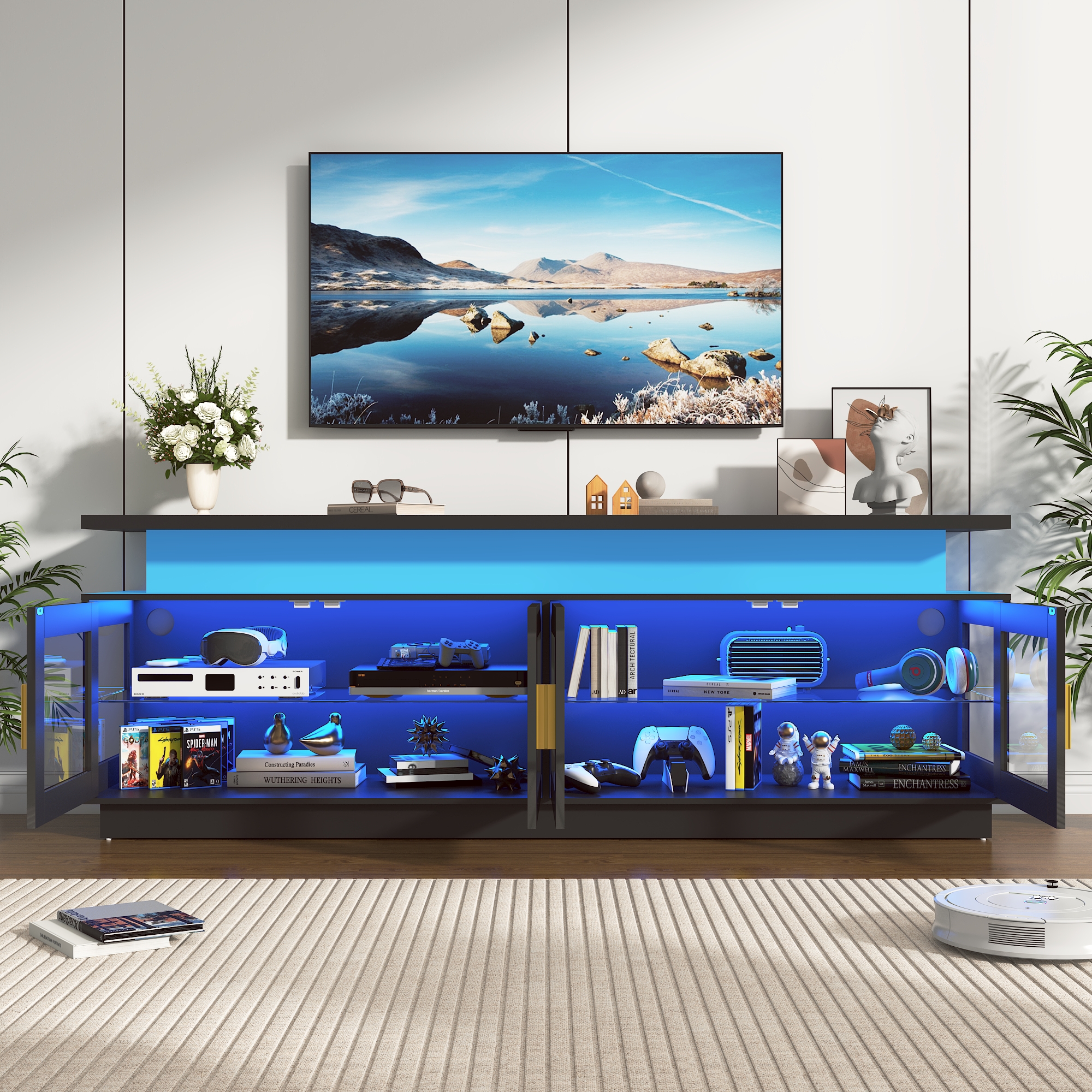 ChVans 71" LED TV Stand with Power Outlet for up 85" TVs, Modern High Gloss Gaming Entertainment Center, Black TV Console Table with Glass Door and Storage Cabinet