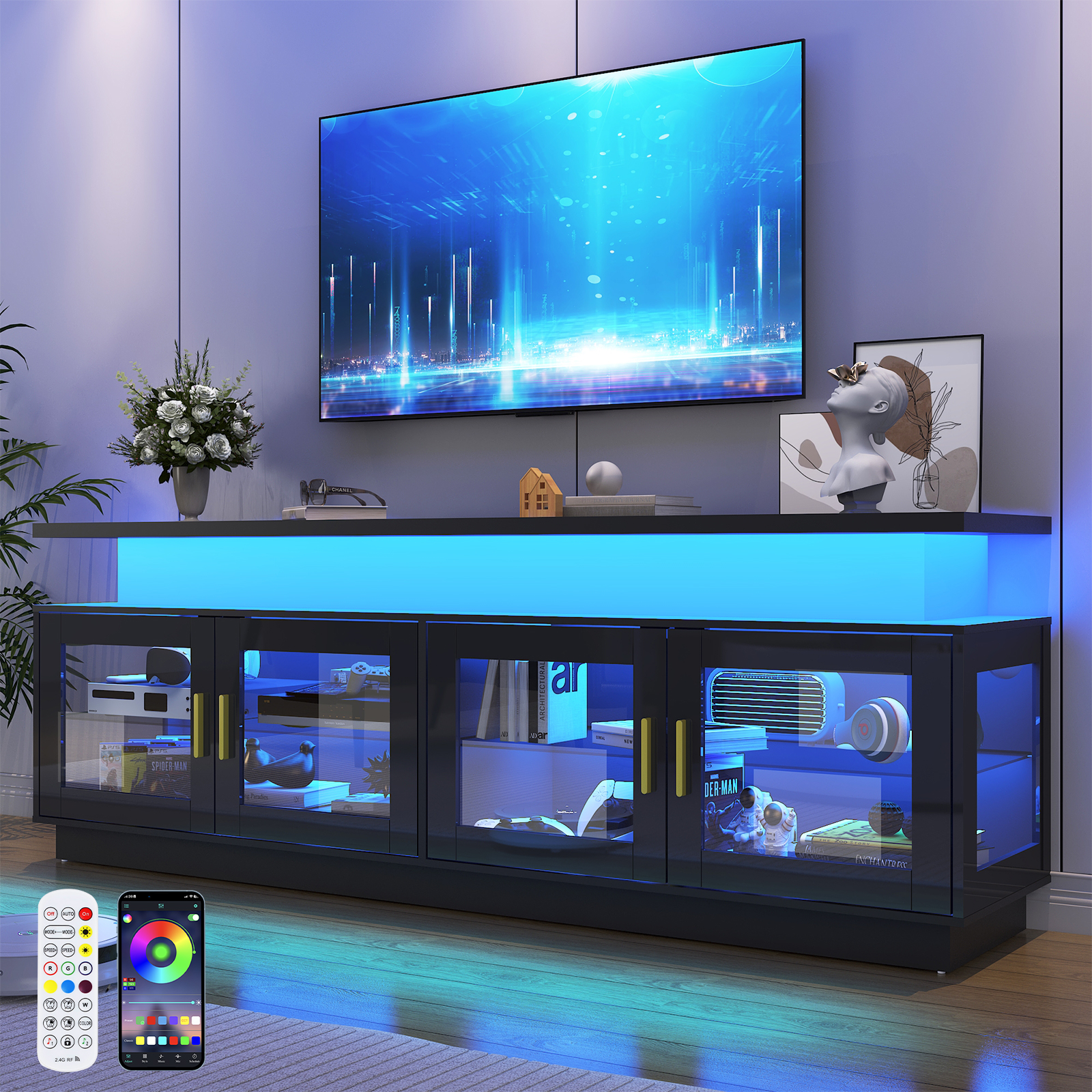 ChVans 71" LED TV Stand with Power Outlet for up 85" TVs, Modern High Gloss Gaming Entertainment Center, Black TV Console Table with Glass Door and Storage Cabinet