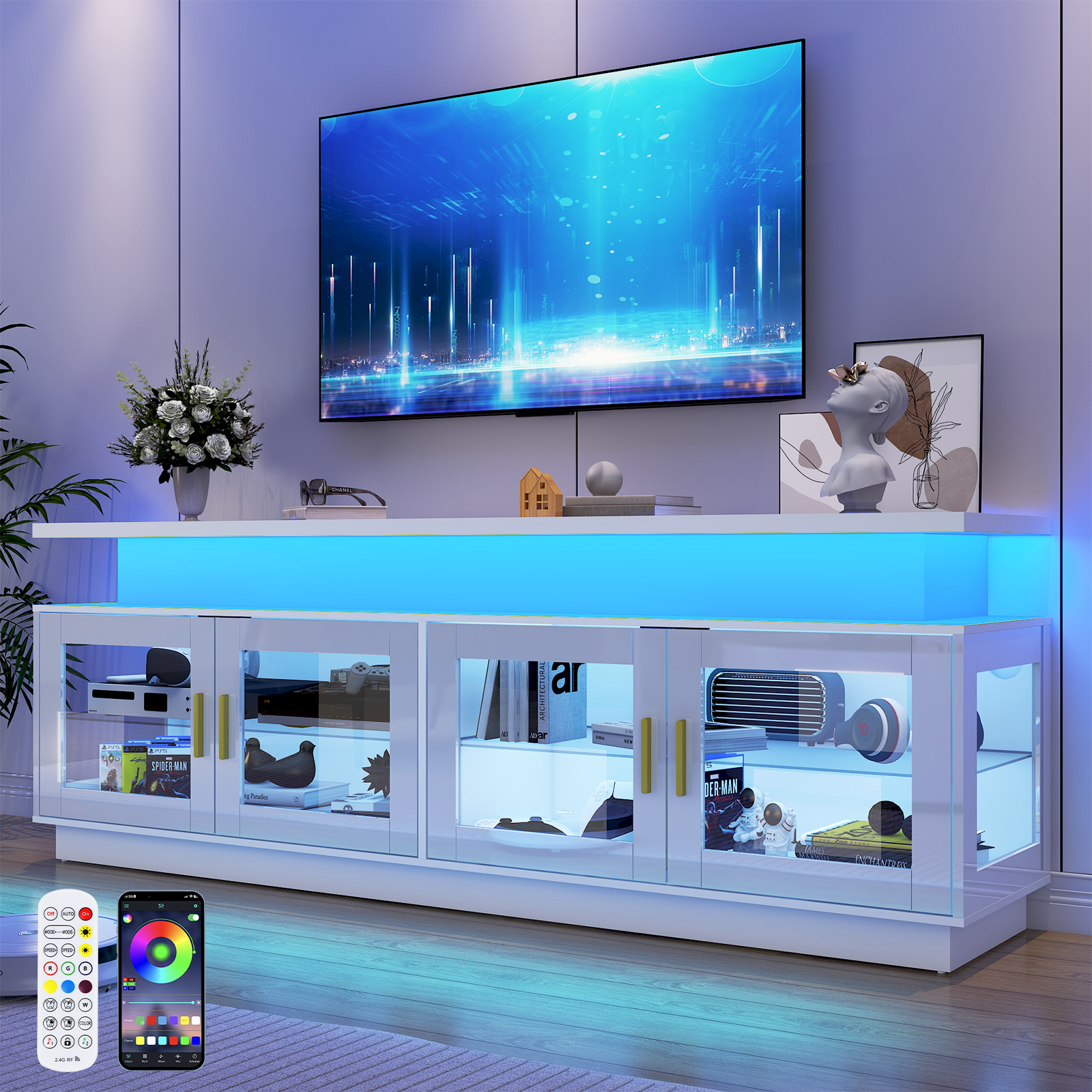 ChVans 71" LED TV Stand with Power Outlet for up 85" TVs, Modern High Gloss Gaming Entertainment Center, Black TV Console Table with Glass Door and Storage Cabinet