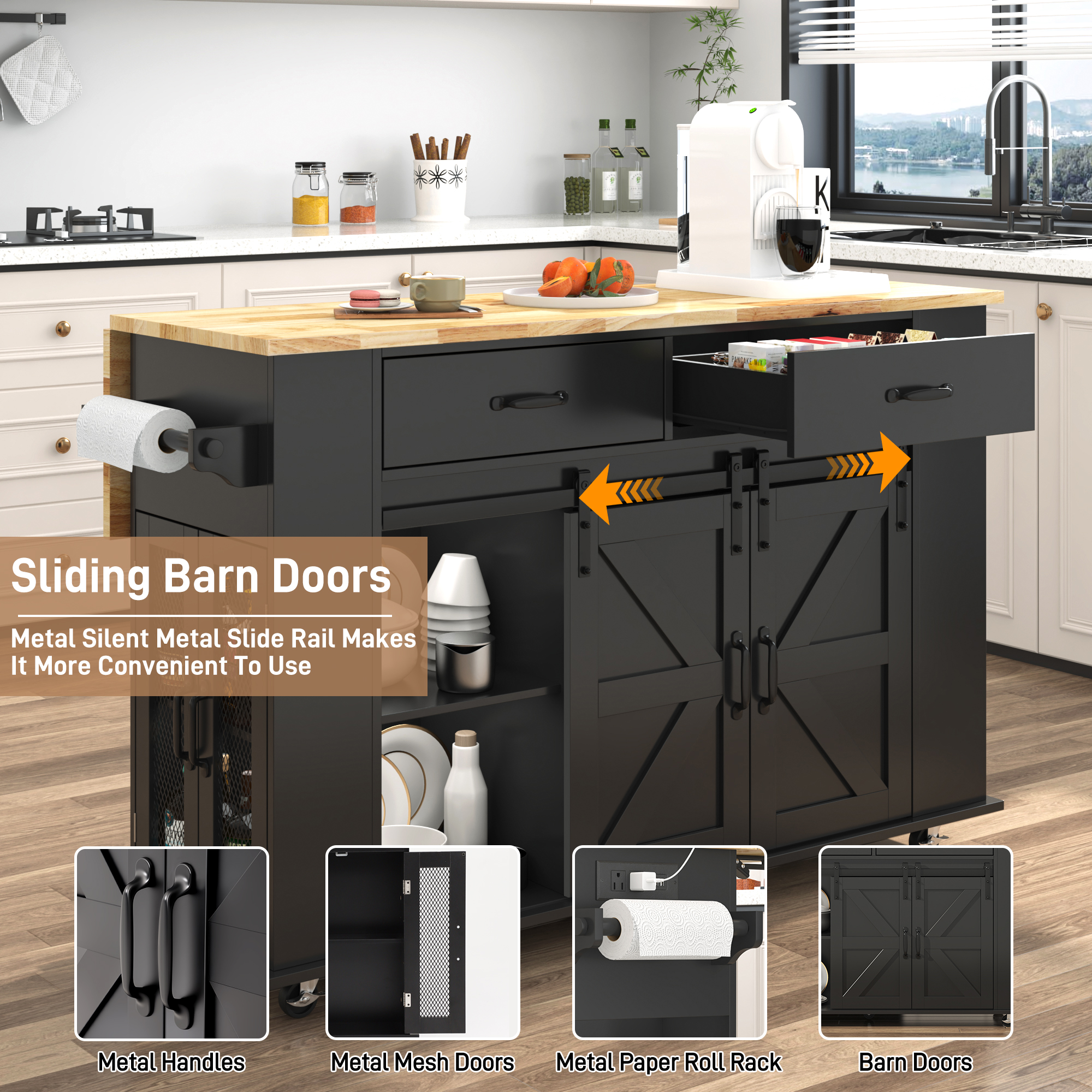 ANPOO Large Rolling Kitchen Island Table on Wheels with Drop Leaf, Barn Door Kitchen Island Table with Storage Cabinet and Tower Rack, Island Table for Kitchen