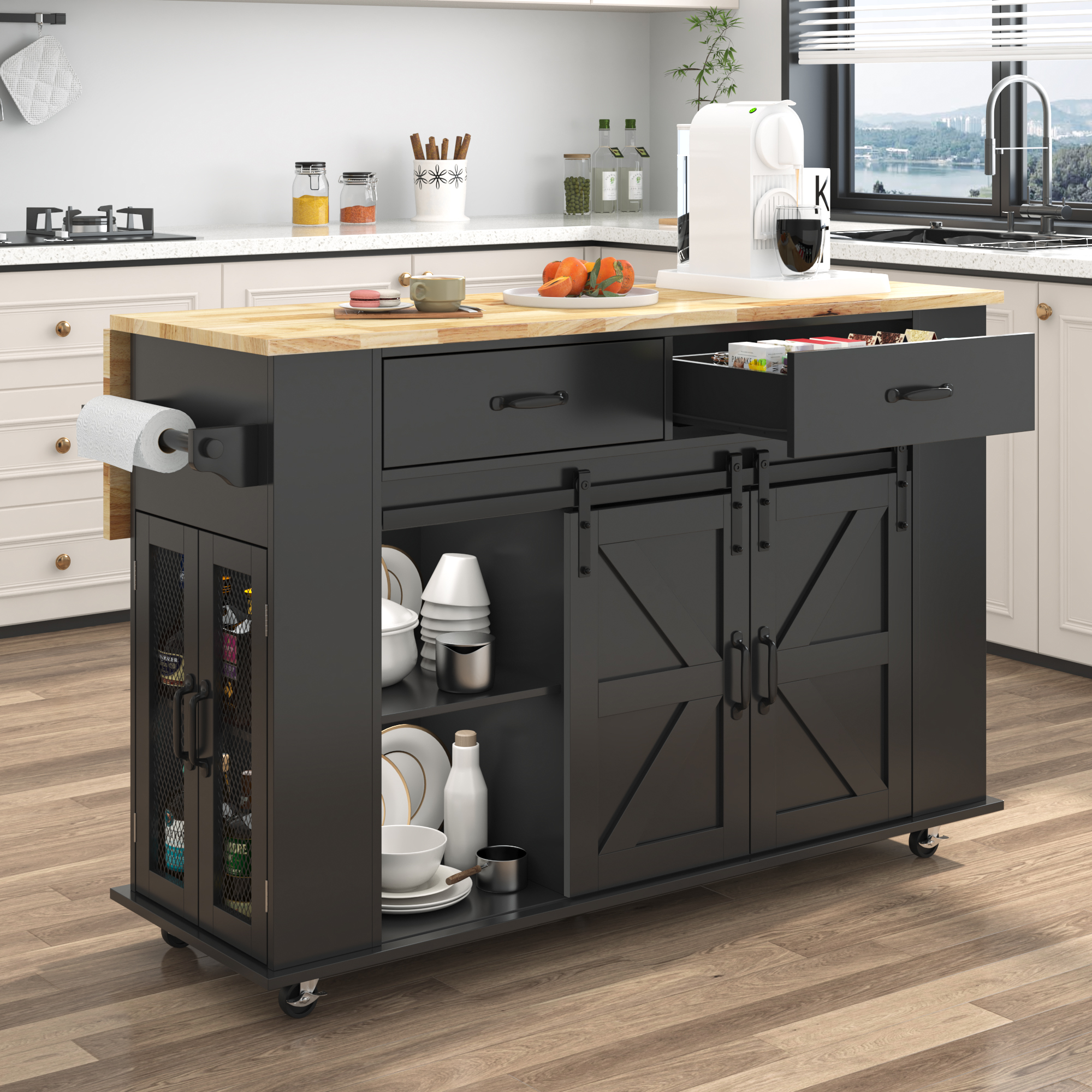 Large Rolling Kitchen Island Table on Wheels with Drop Leaf, Barn Door Kitchen Island Table with Storage Cabinet and Tower Rack, Island Table for Kitchen