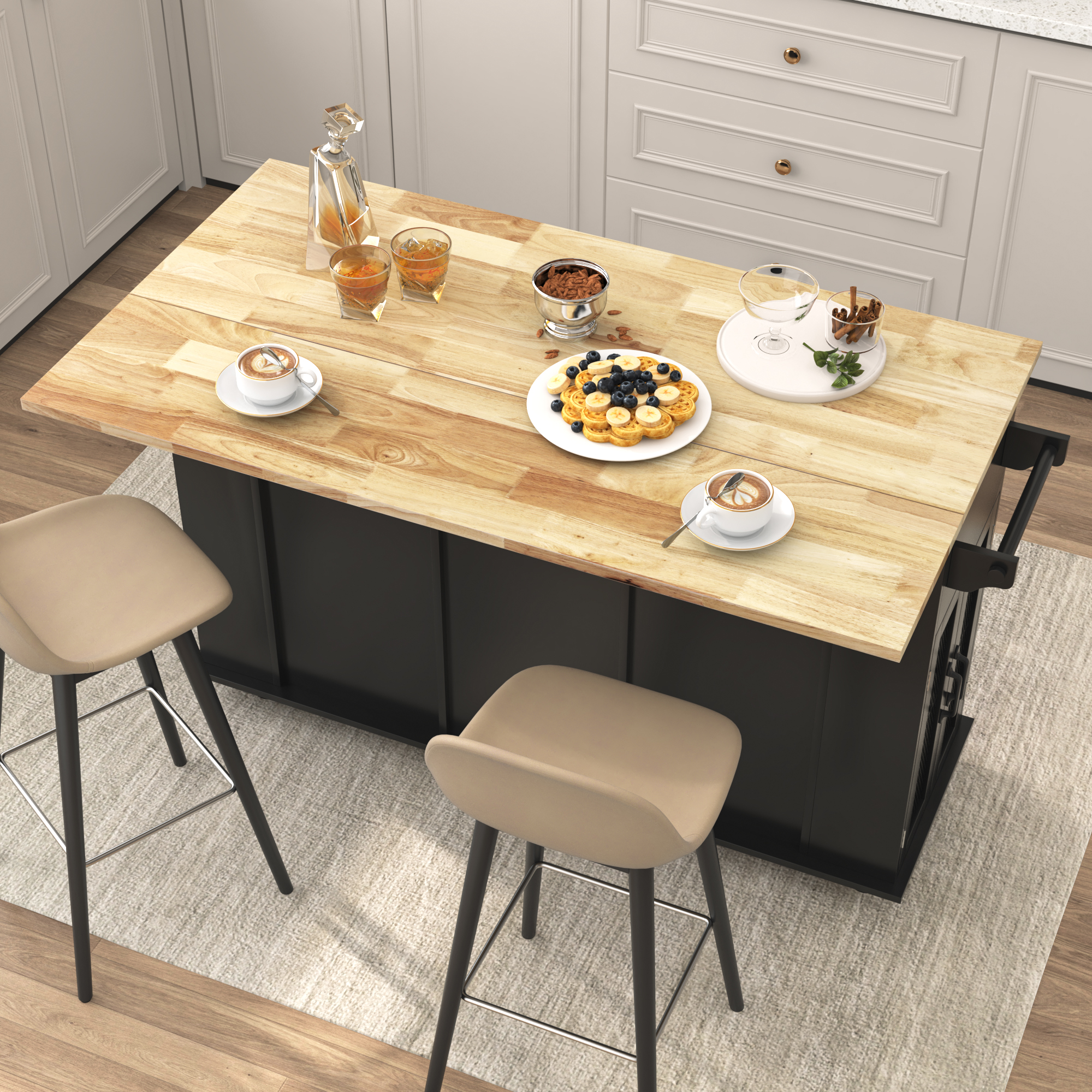 Large Rolling Kitchen Island Table on Wheels with Drop Leaf, Barn Door Kitchen Island Table with Storage Cabinet and Tower Rack, Island Table for Kitchen