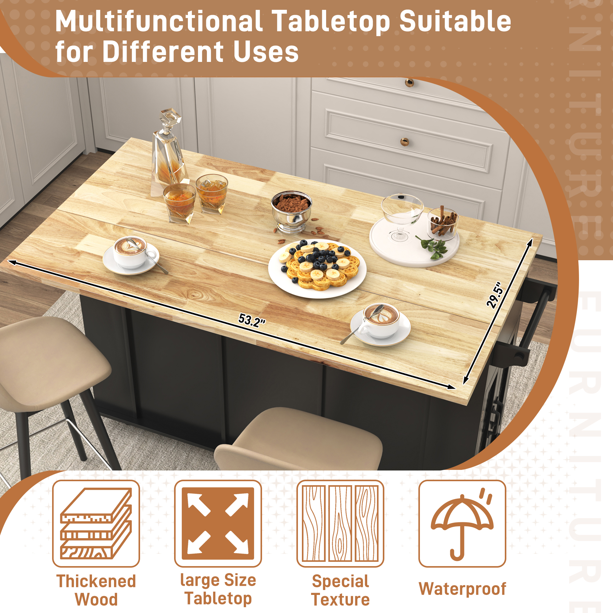 ANPOO Large Rolling Kitchen Island Table on Wheels with Drop Leaf, Barn Door Kitchen Island Table with Storage Cabinet and Tower Rack, Island Table for Kitchen