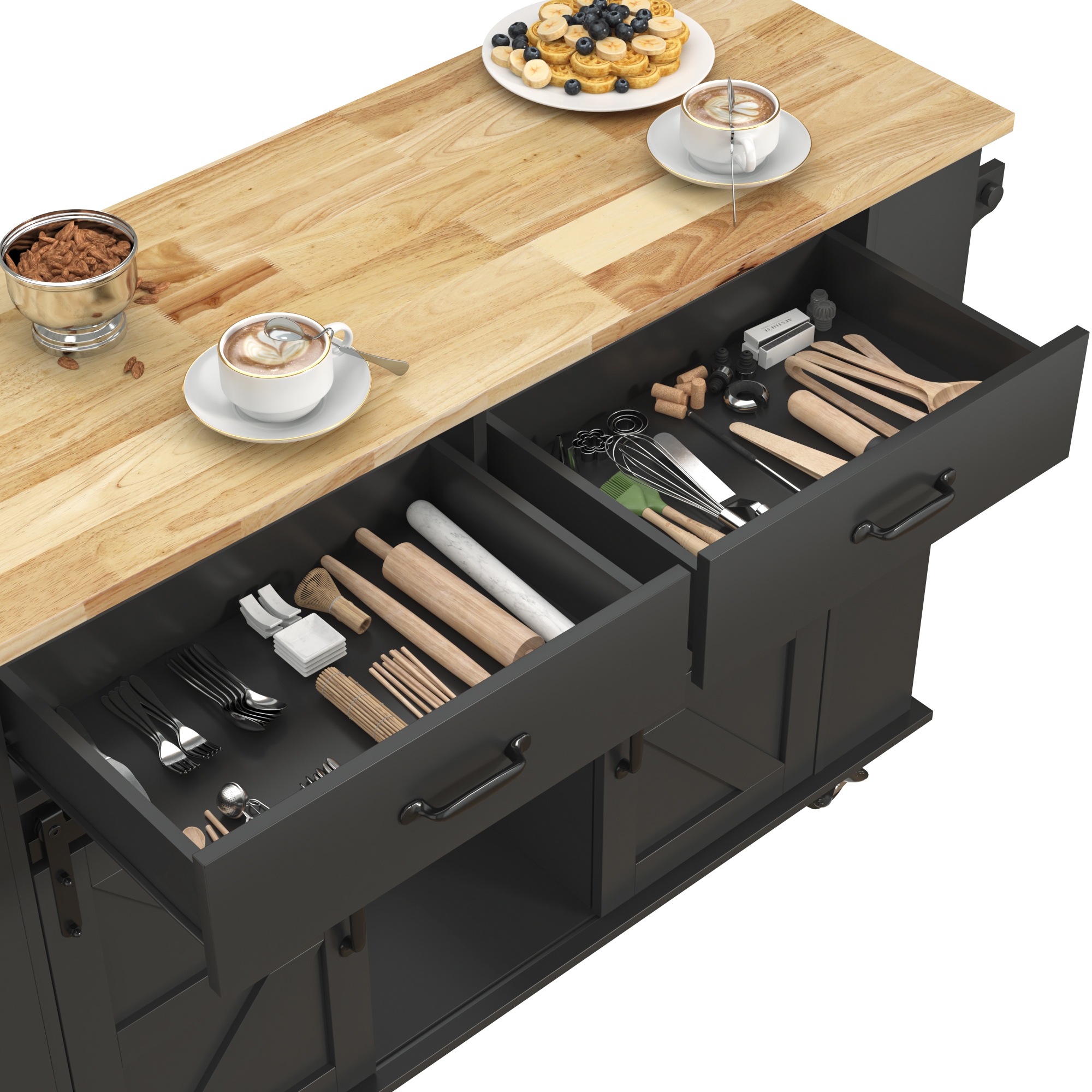 Large Rolling Kitchen Island Table on Wheels with Drop Leaf, Barn Door Kitchen Island Table with Storage Cabinet and Tower Rack, Island Table for Kitchen