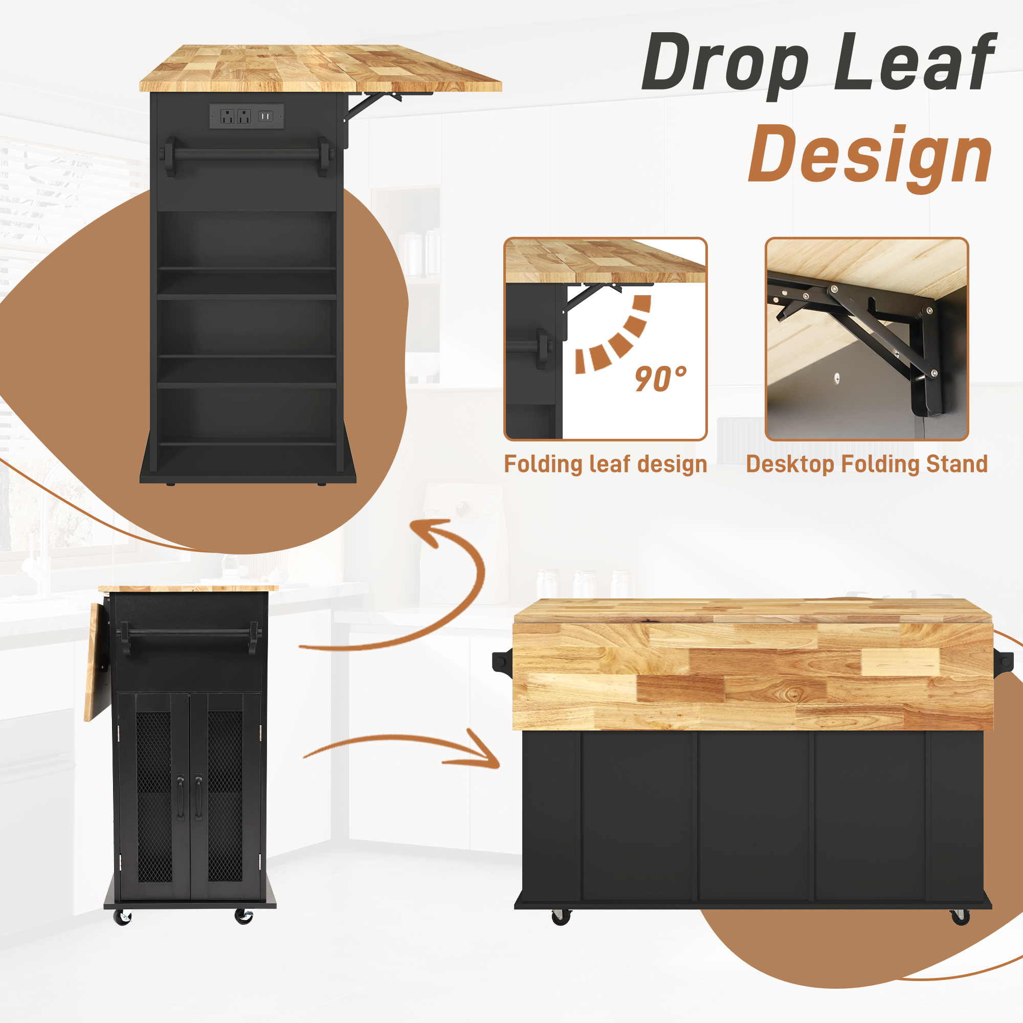 ANPOO Large Rolling Kitchen Island Table on Wheels with Drop Leaf, Barn Door Kitchen Island Table with Storage Cabinet and Tower Rack, Island Table for Kitchen