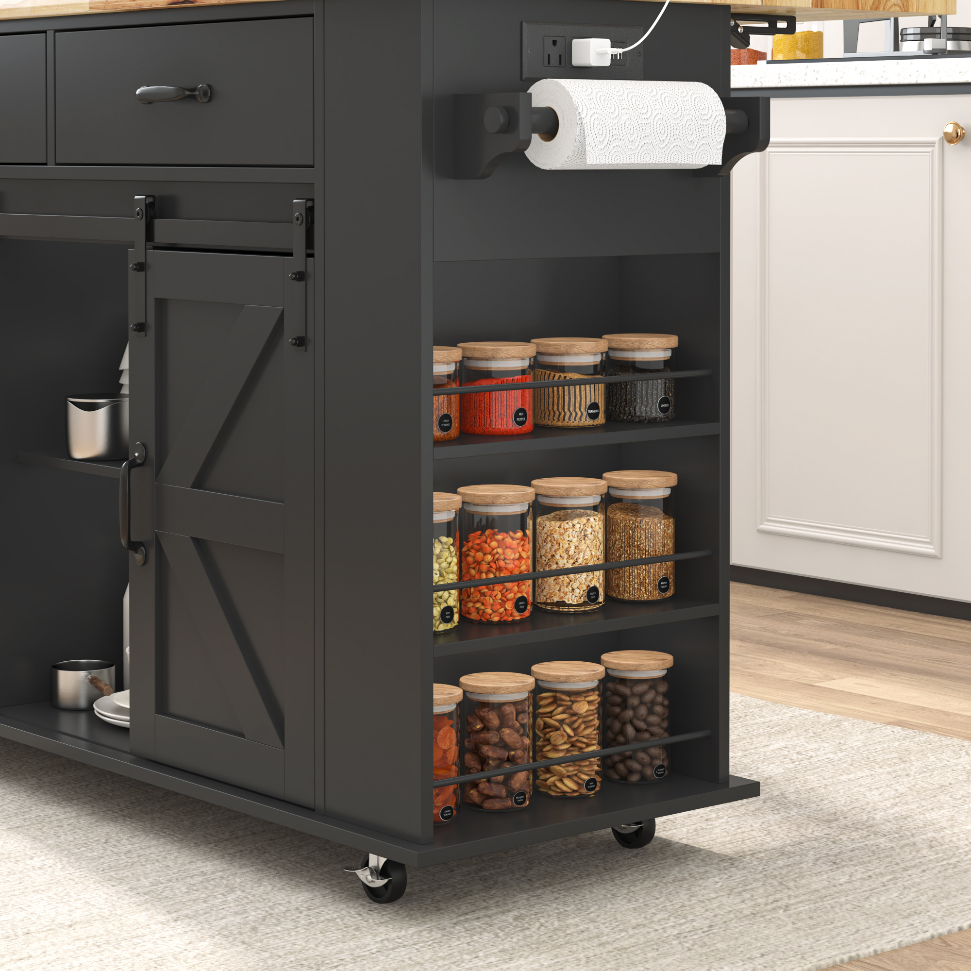 Large Rolling Kitchen Island Table on Wheels with Drop Leaf, Barn Door Kitchen Island Table with Storage Cabinet and Tower Rack, Island Table for Kitchen