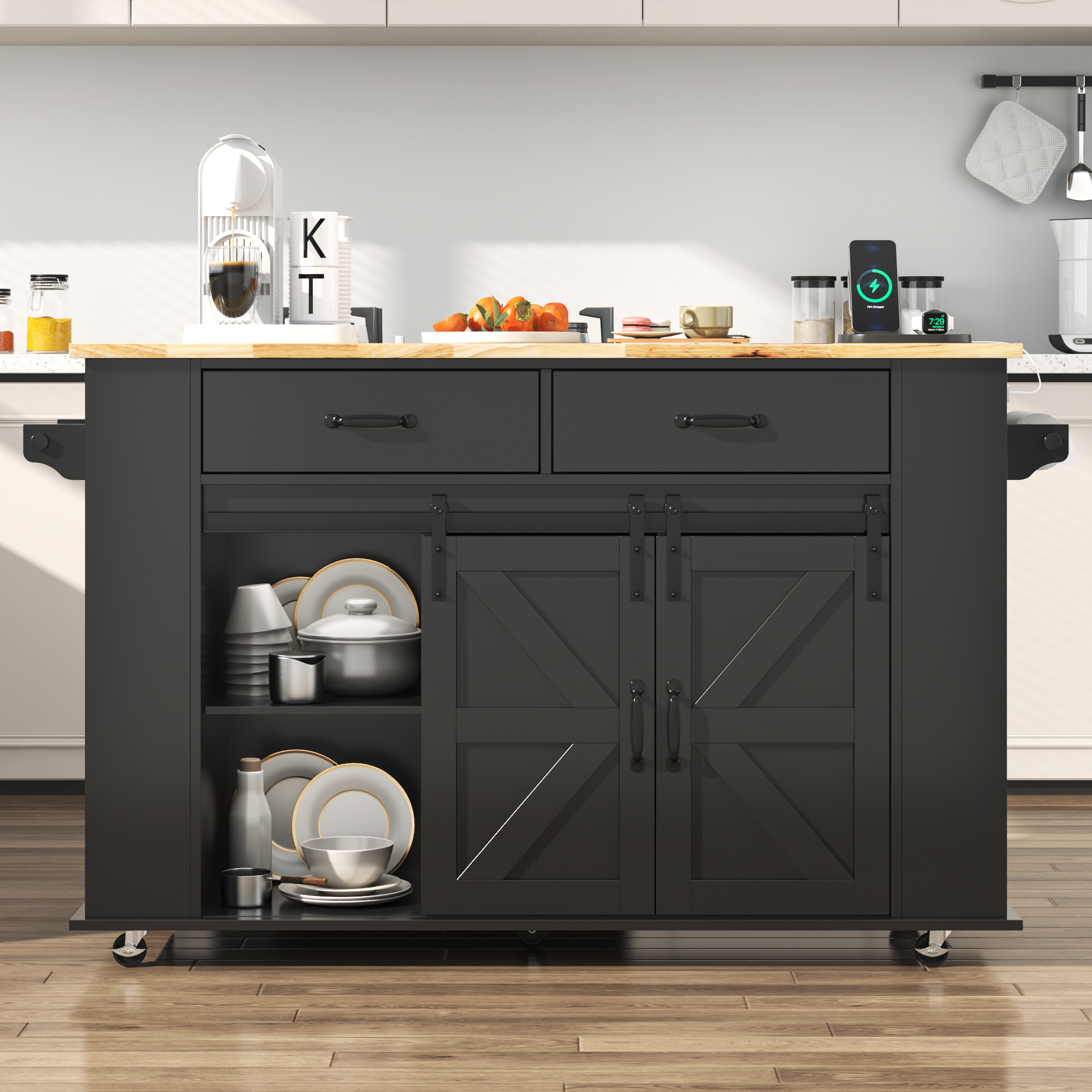 Large Rolling Kitchen Island Table on Wheels with Drop Leaf, Barn Door Kitchen Island Table with Storage Cabinet and Tower Rack, Island Table for Kitchen