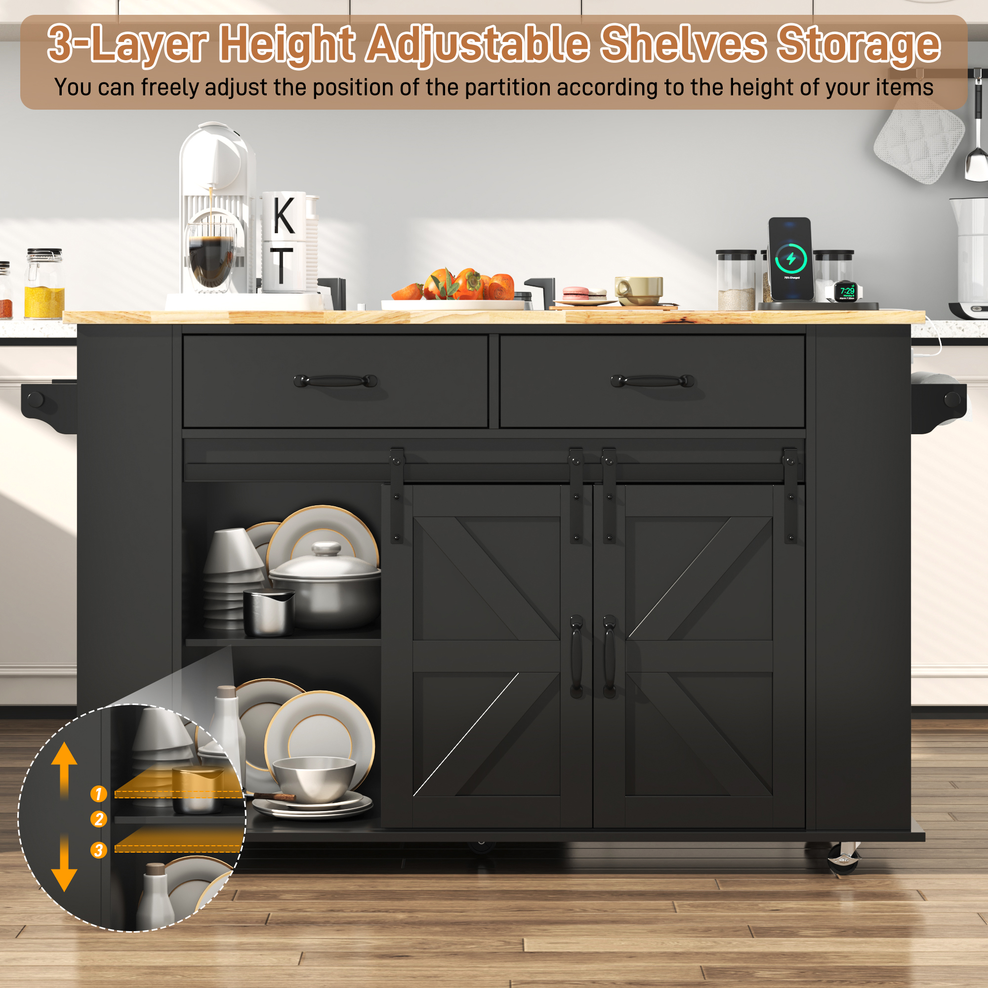 ANPOO Large Rolling Kitchen Island Table on Wheels with Drop Leaf, Barn Door Kitchen Island Table with Storage Cabinet and Tower Rack, Island Table for Kitchen