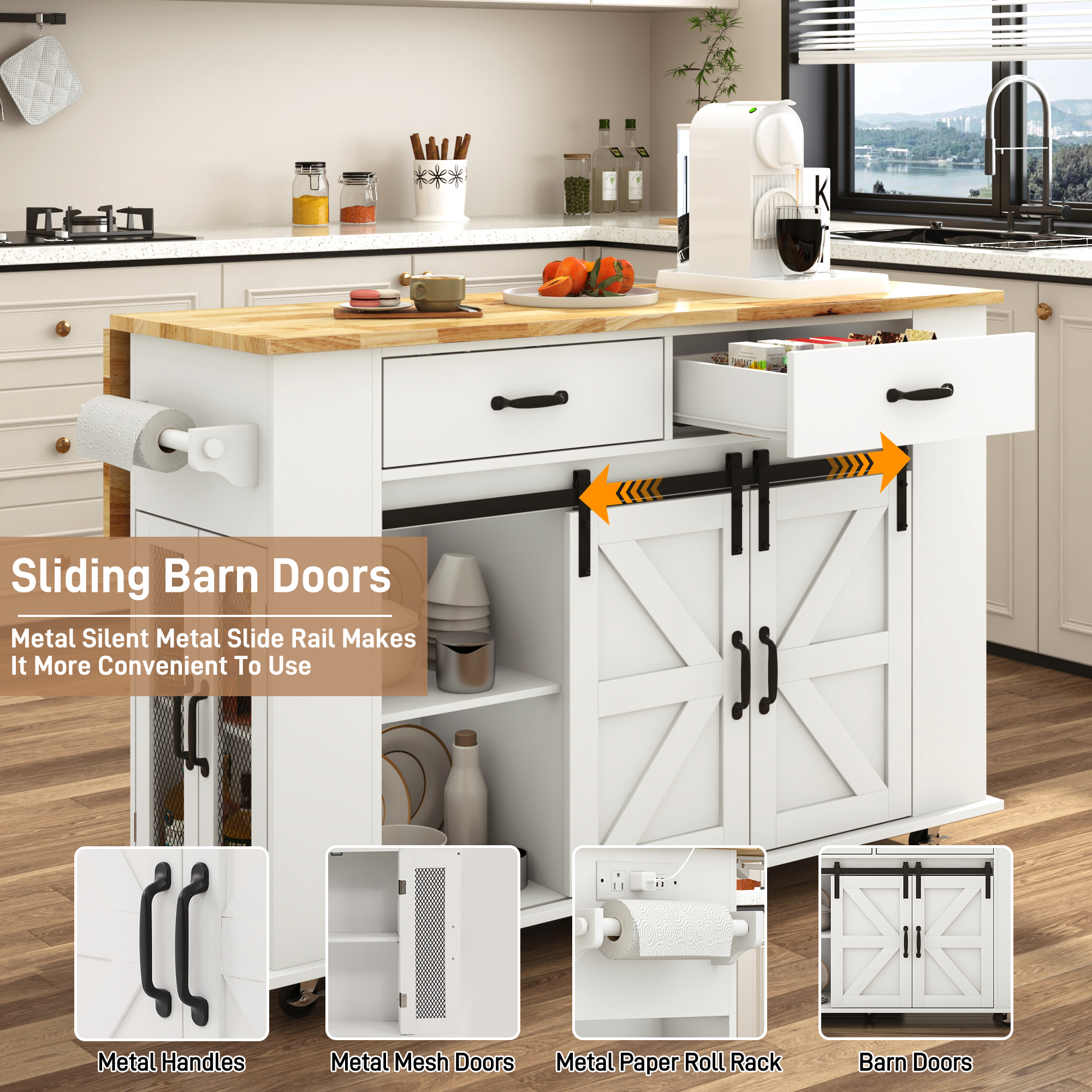 ANPOO Large Rolling Kitchen Island Table on Wheels with Drop Leaf, Barn Door Kitchen Island Table with Storage Cabinet and Tower Rack, Island Table for Kitchen