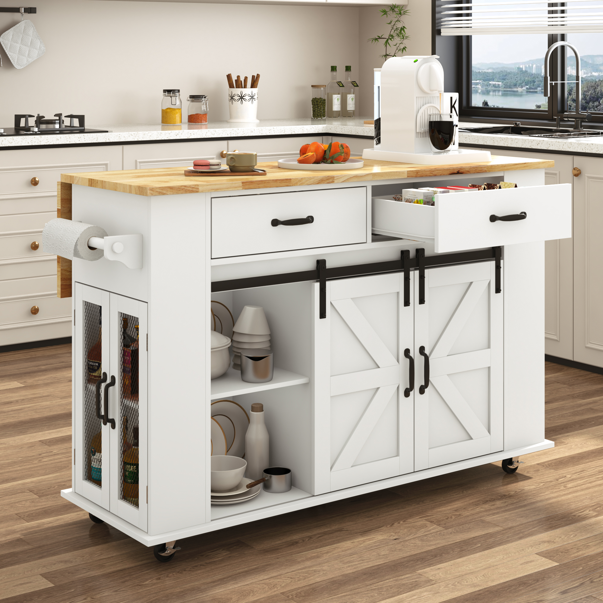 Large Rolling Kitchen Island Table on Wheels with Drop Leaf, Barn Door Kitchen Island Table with Storage Cabinet and Tower Rack, Island Table for Kitchen