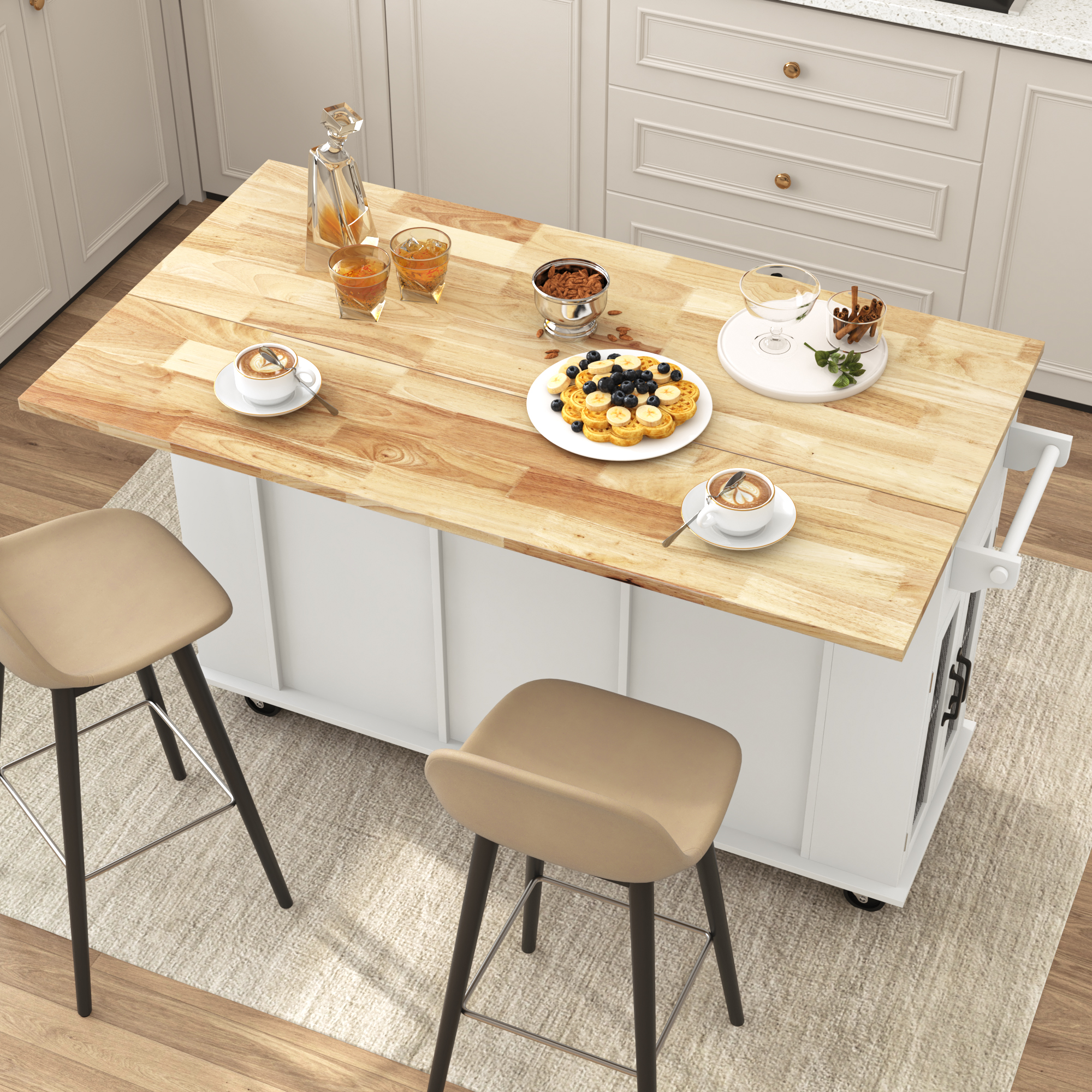 Large Rolling Kitchen Island Table on Wheels with Drop Leaf, Barn Door Kitchen Island Table with Storage Cabinet and Tower Rack, Island Table for Kitchen