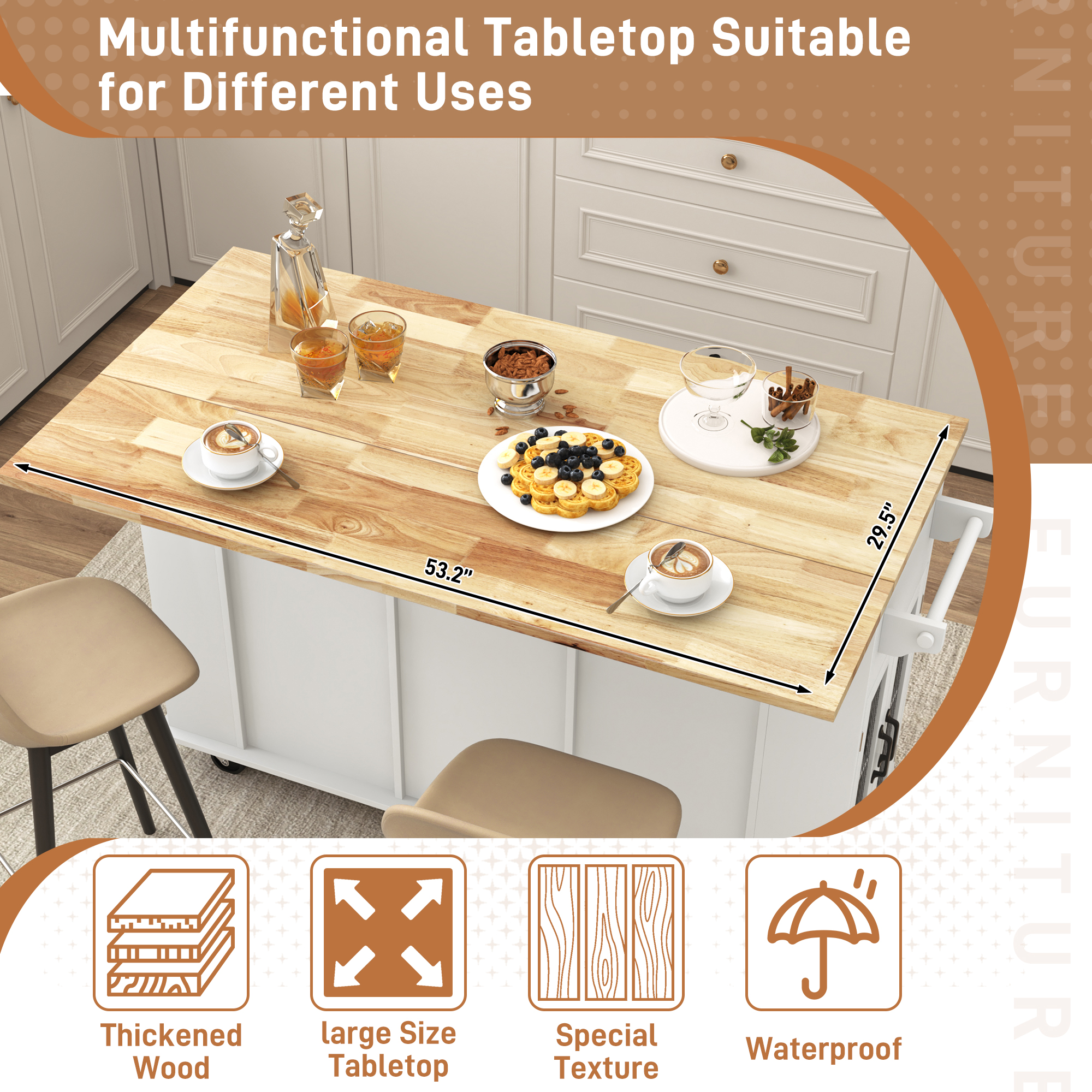 ANPOO Large Rolling Kitchen Island Table on Wheels with Drop Leaf, Barn Door Kitchen Island Table with Storage Cabinet and Tower Rack, Island Table for Kitchen