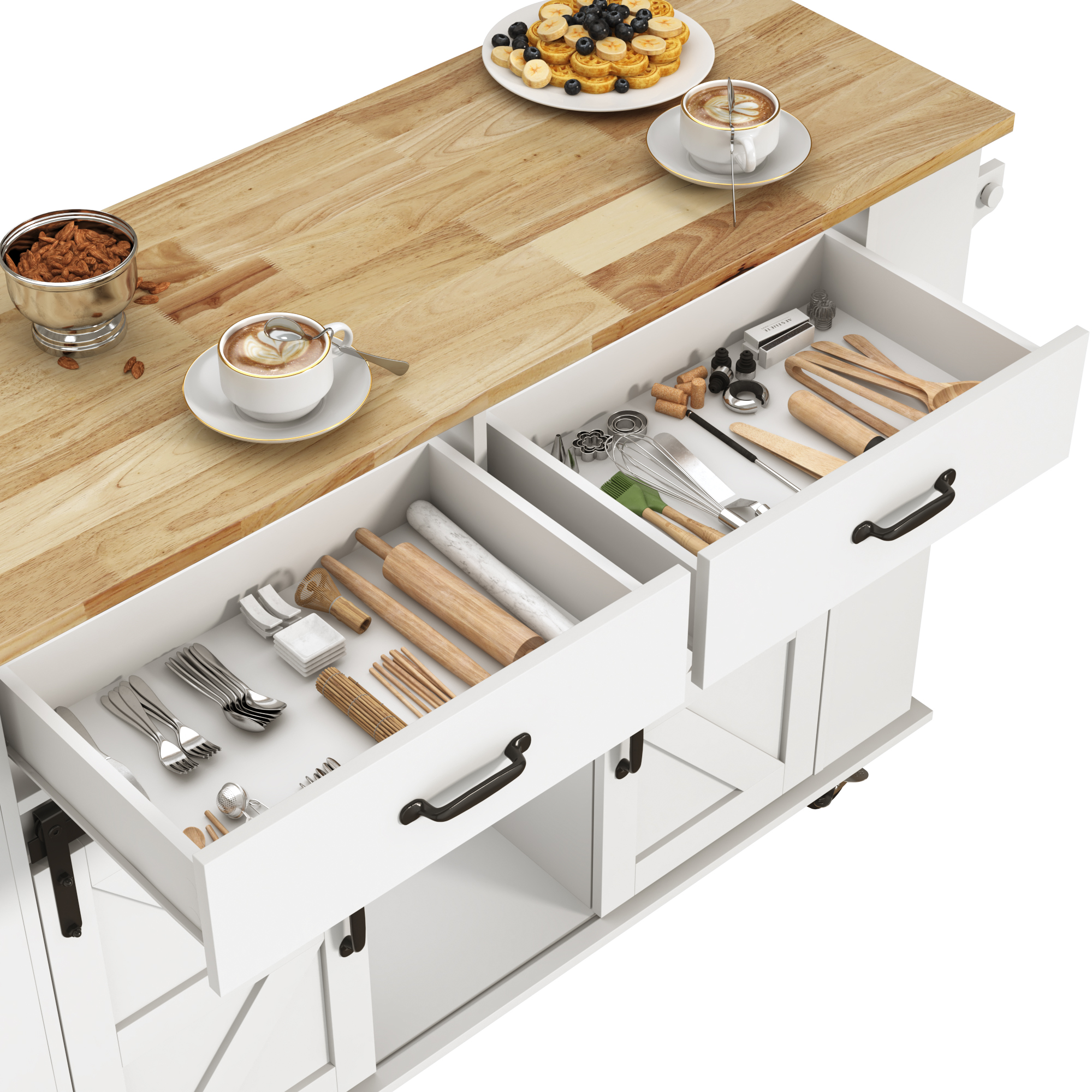 Large Rolling Kitchen Island Table on Wheels with Drop Leaf, Barn Door Kitchen Island Table with Storage Cabinet and Tower Rack, Island Table for Kitchen