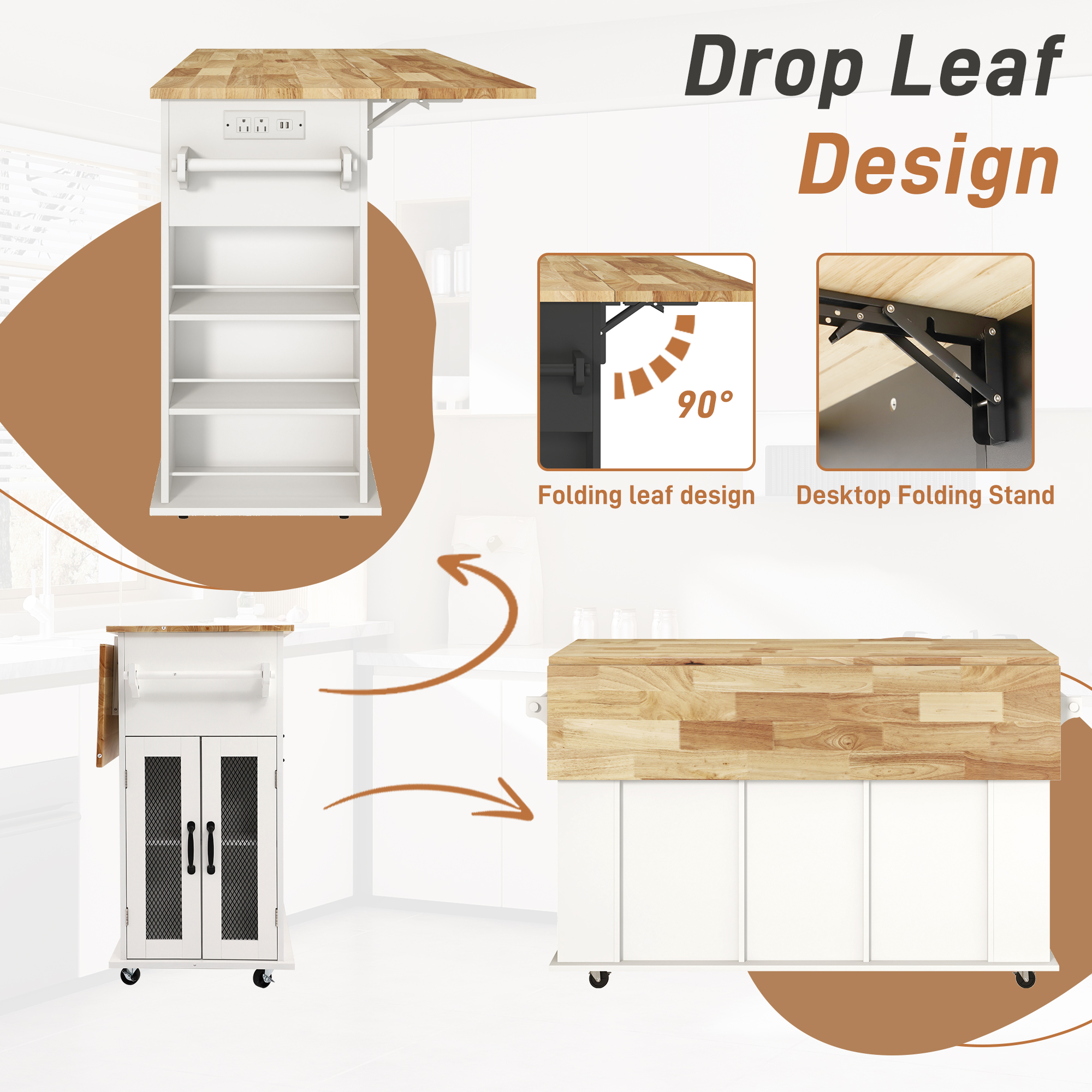 ANPOO Large Rolling Kitchen Island Table on Wheels with Drop Leaf, Barn Door Kitchen Island Table with Storage Cabinet and Tower Rack, Island Table for Kitchen