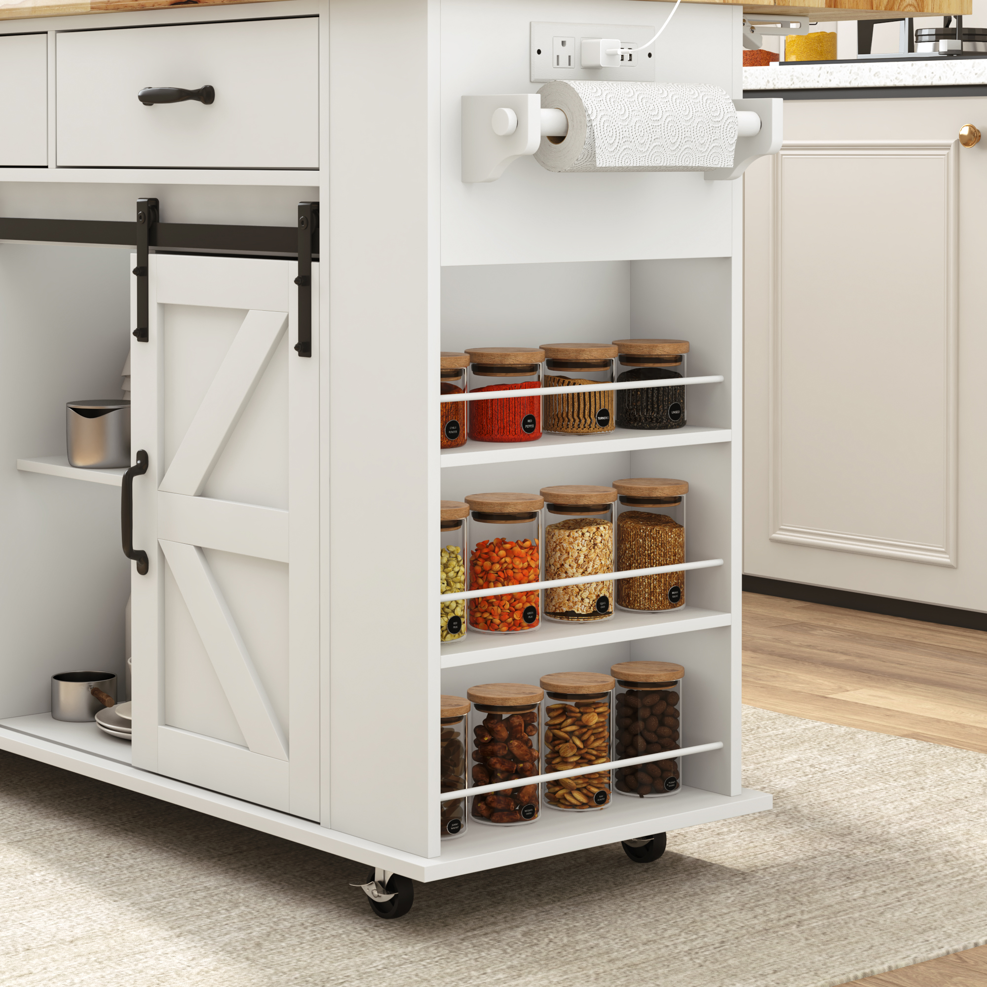 Large Rolling Kitchen Island Table on Wheels with Drop Leaf, Barn Door Kitchen Island Table with Storage Cabinet and Tower Rack, Island Table for Kitchen