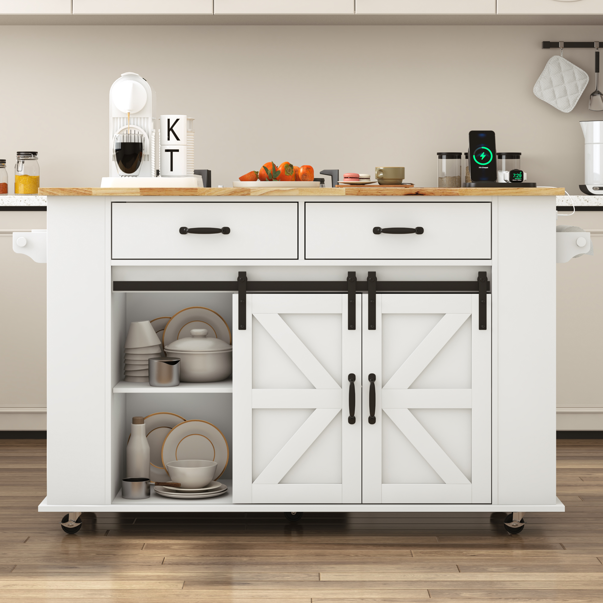 Large Rolling Kitchen Island Table on Wheels with Drop Leaf, Barn Door Kitchen Island Table with Storage Cabinet and Tower Rack, Island Table for Kitchen