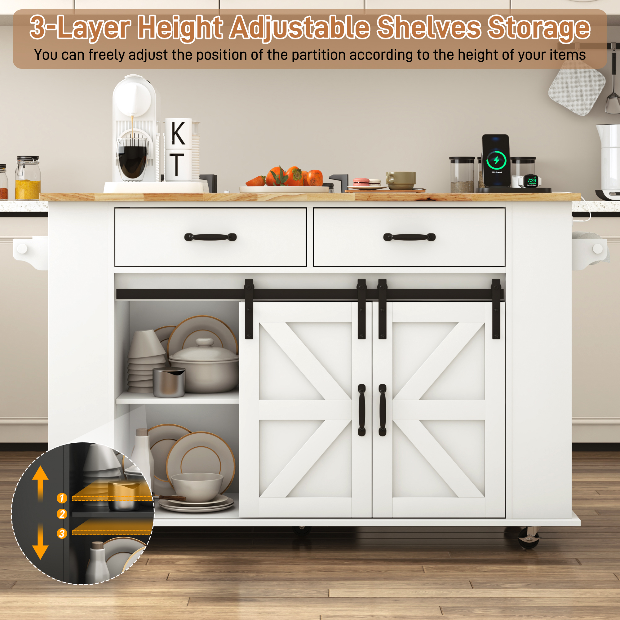 ANPOO Large Rolling Kitchen Island Table on Wheels with Drop Leaf, Barn Door Kitchen Island Table with Storage Cabinet and Tower Rack, Island Table for Kitchen