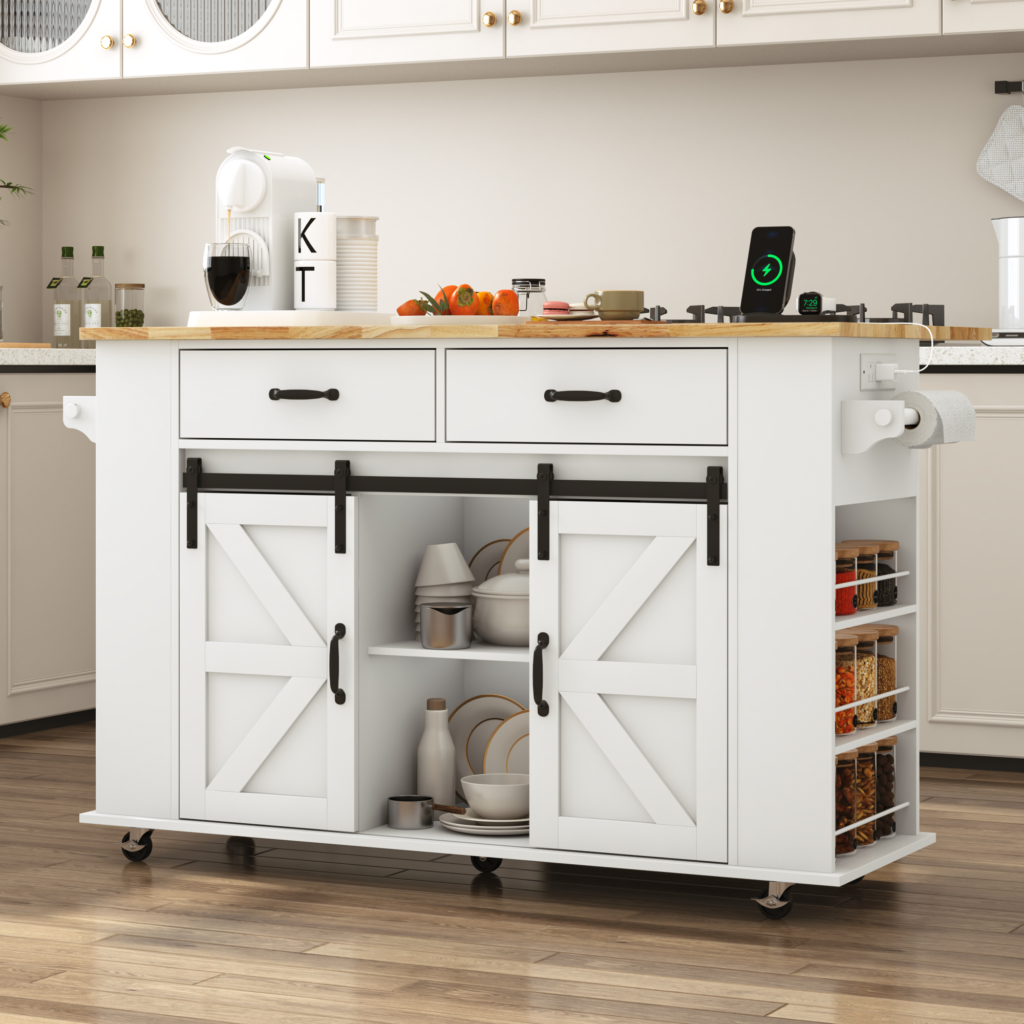 Large Rolling Kitchen Island Table on Wheels with Drop Leaf, Barn Door Kitchen Island Table with Storage Cabinet and Tower Rack, Island Table for Kitchen