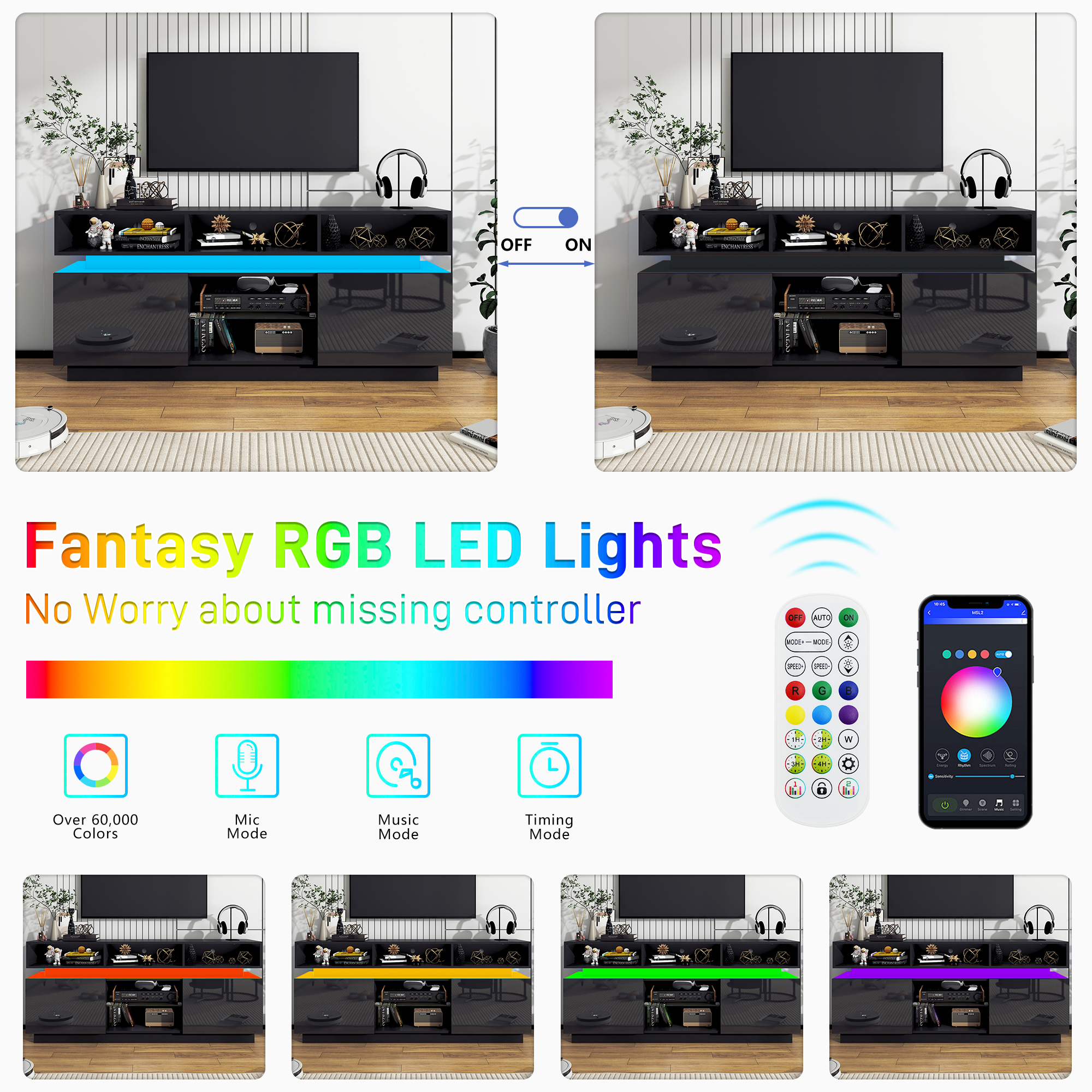 ChVans LED TV Stand for up to 80" TVs with Power Outlet, Modern Tall Entertainment Center with Storage, High Gloss Gaming TV Media Console with 2 Storage Cabinets for Living Room, Bed Room