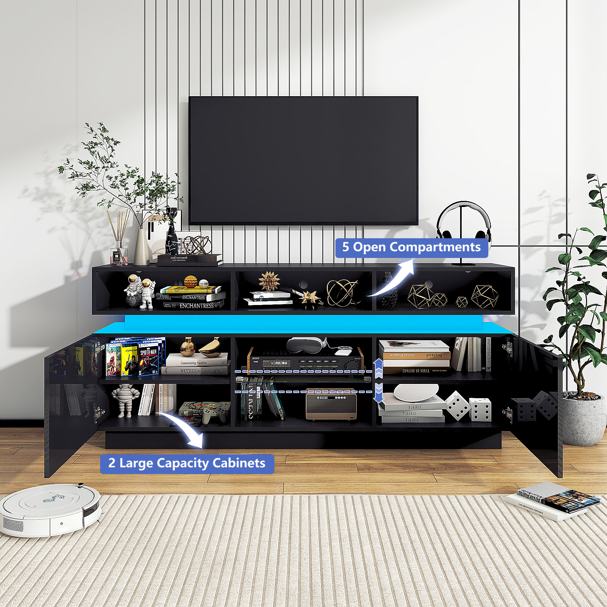 ChVans LED TV Stand for up to 80" TVs with Power Outlet, Modern Tall Entertainment Center with Storage, High Gloss Gaming TV Media Console with 2 Storage Cabinets for Living Room, Bed Room