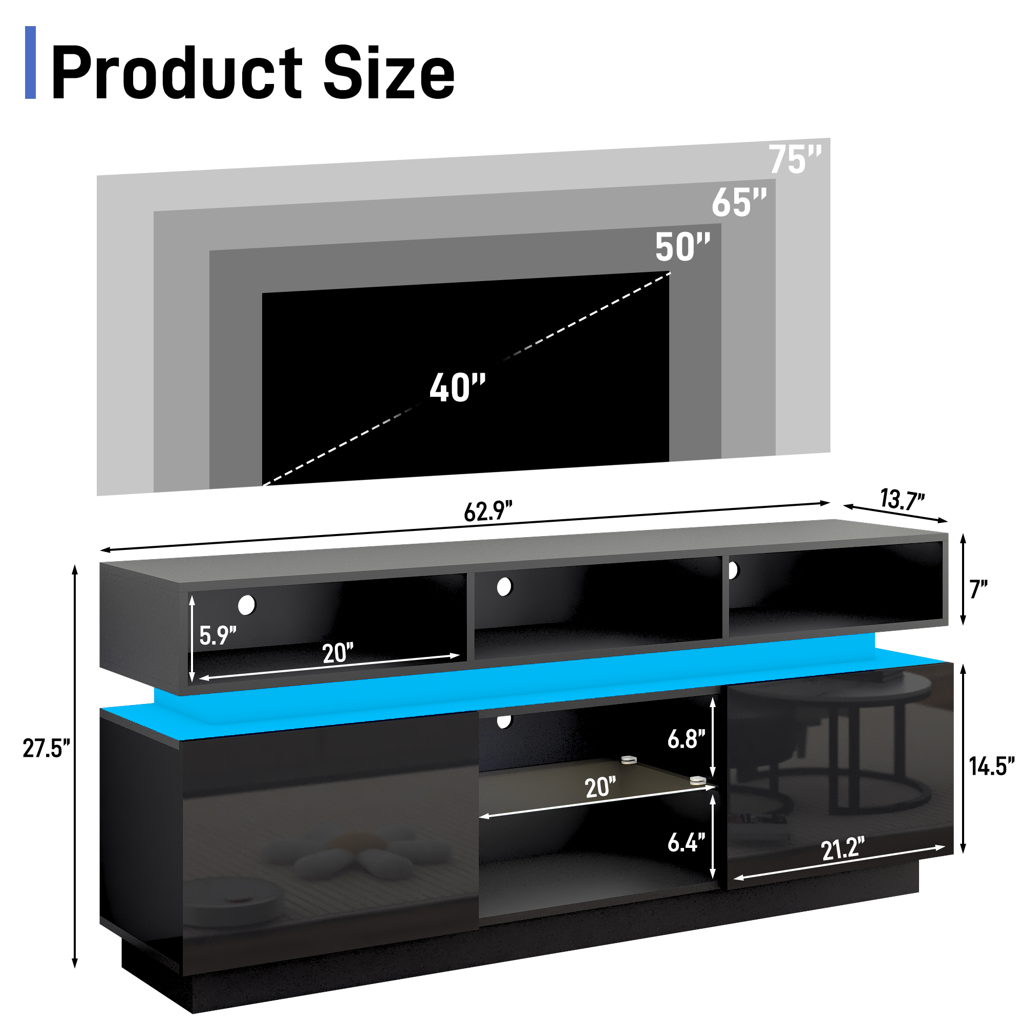 ChVans LED TV Stand for up to 80" TVs with Power Outlet, Modern Tall Entertainment Center with Storage, High Gloss Gaming TV Media Console with 2 Storage Cabinets for Living Room, Bed Room