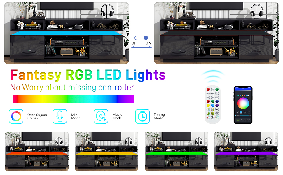 ChVans LED TV Stand for up to 80" TVs with Power Outlet, Modern Tall Entertainment Center with Storage, High Gloss Gaming TV Media Console with 2 Storage Cabinets for Living Room, Bed Room