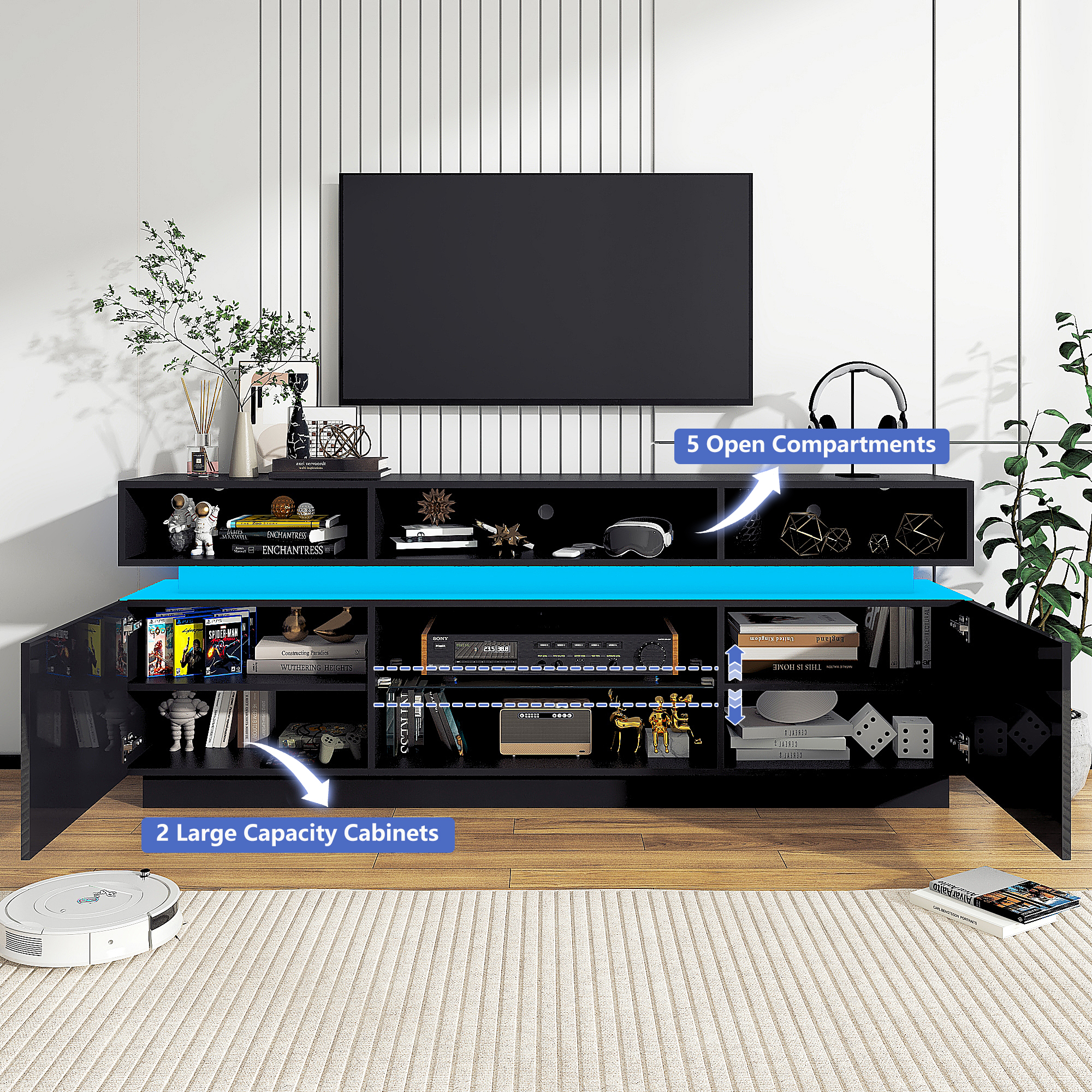 ChVans LED TV Stand for up to 80" TVs with Power Outlet, Modern Tall Entertainment Center with Storage, High Gloss Gaming TV Media Console with 2 Storage Cabinets for Living Room, Bed Room