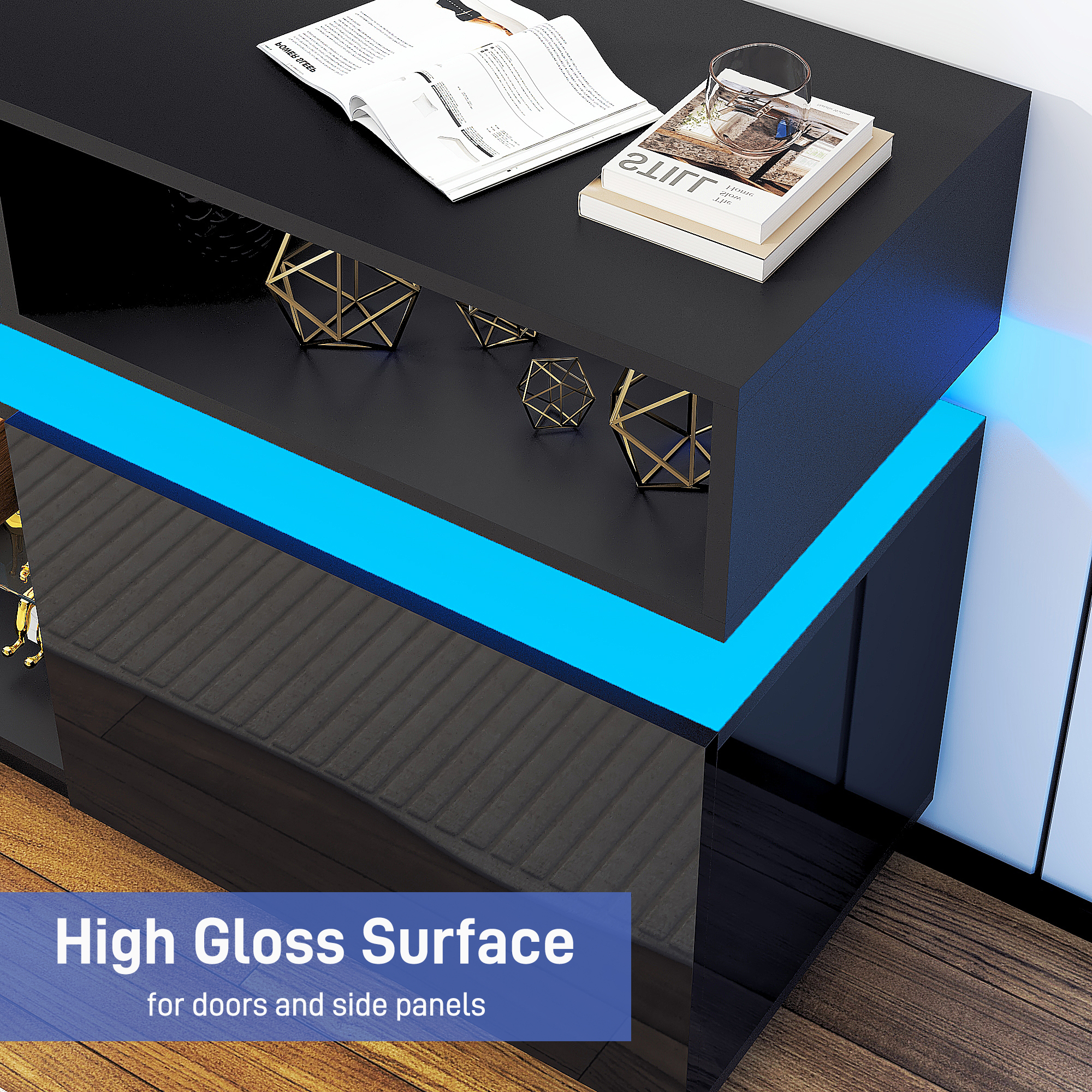 ChVans LED TV Stand for up to 80" TVs with Power Outlet, Modern Tall Entertainment Center with Storage, High Gloss Gaming TV Media Console with 2 Storage Cabinets for Living Room, Bed Room