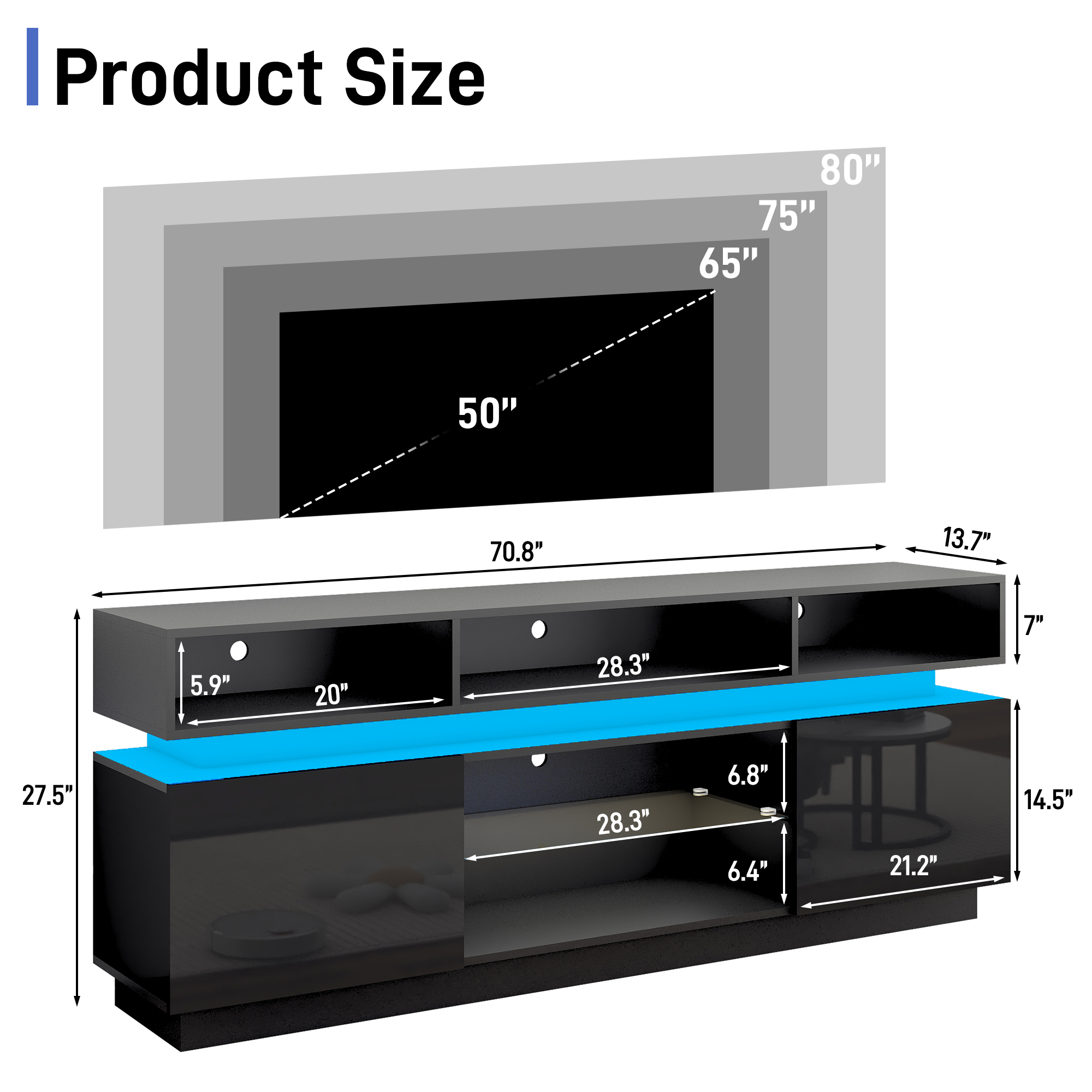 ChVans LED TV Stand for up to 80" TVs with Power Outlet, Modern Tall Entertainment Center with Storage, High Gloss Gaming TV Media Console with 2 Storage Cabinets for Living Room, Bed Room