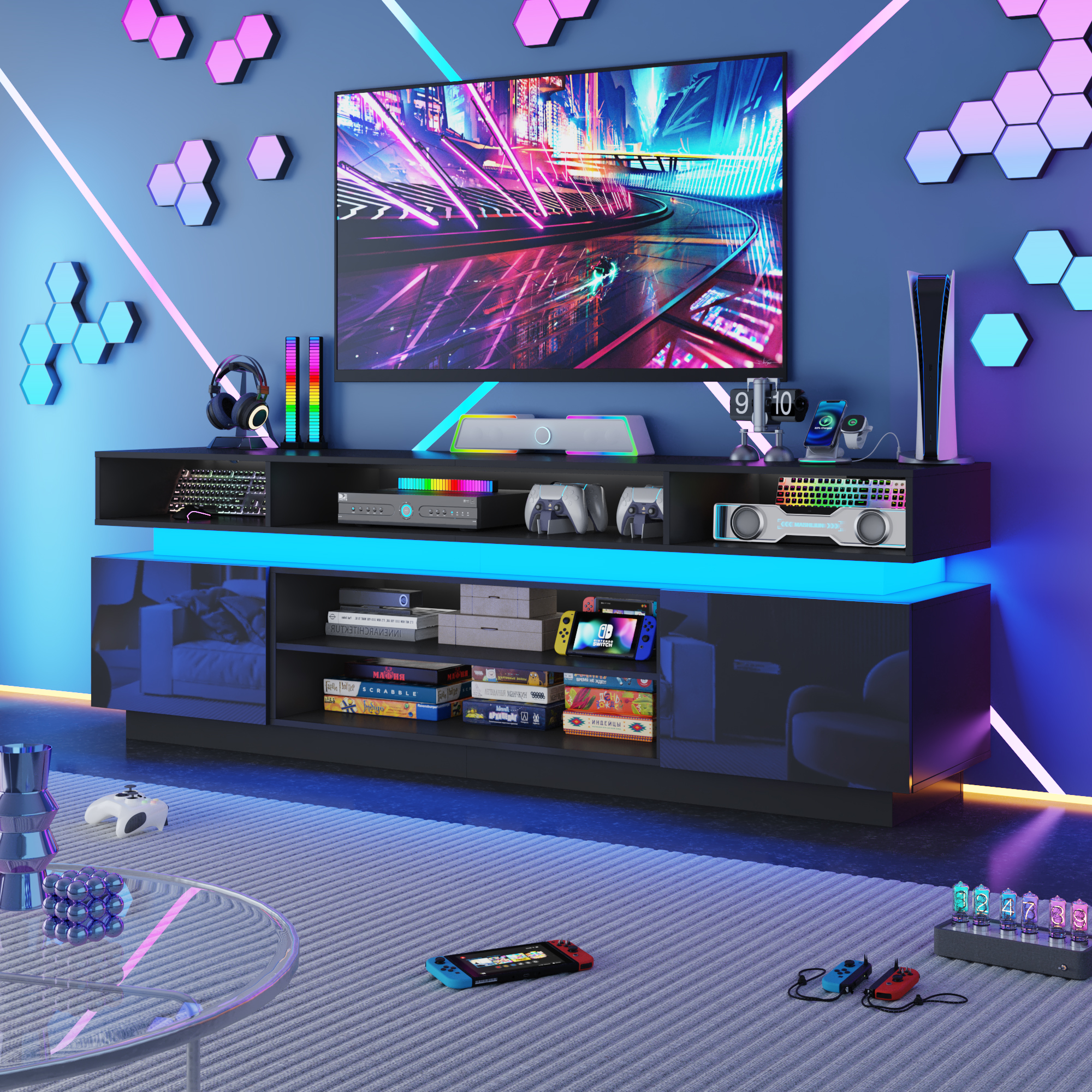 ChVans 82.7" LED TV Stand for up to 95" TVs with Power Outlet, Modern Tall Entertainment Center with Storage, High Gloss Gaming TV Media Console with 2 Storage Cabinets for Living Room, Bed Room