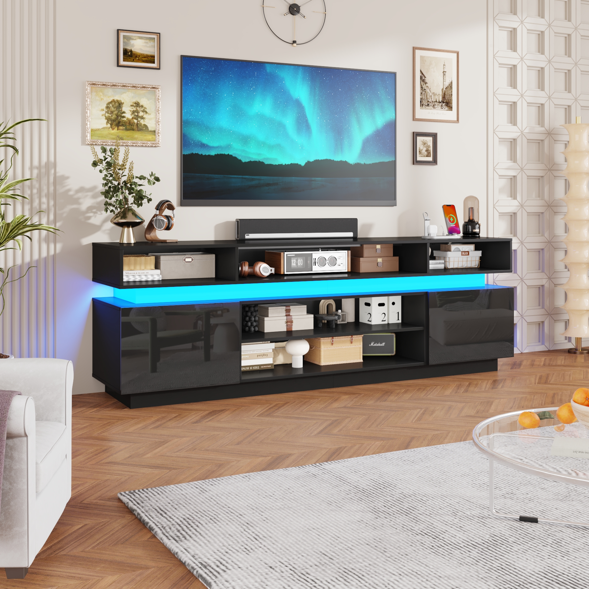 ChVans 82.7" LED TV Stand for up to 95" TVs with Power Outlet, Modern Tall Entertainment Center with Storage, High Gloss Gaming TV Media Console with 2 Storage Cabinets for Living Room, Bed Room