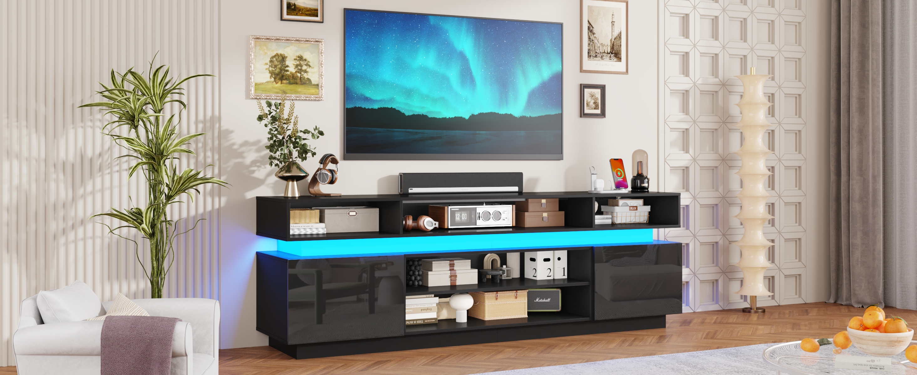 ChVans 82.7" LED TV Stand for up to 95" TVs with Power Outlet, Modern Tall Entertainment Center with Storage, High Gloss Gaming TV Media Console with 2 Storage Cabinets for Living Room, Bed Room