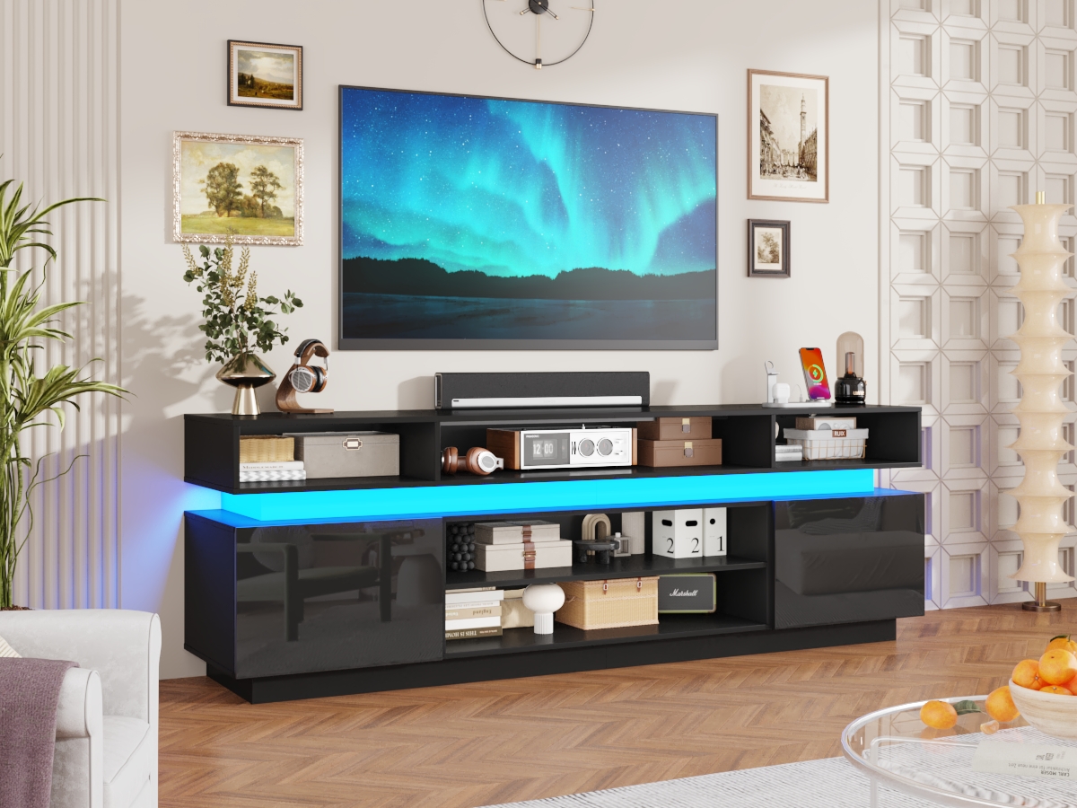 ChVans 82.7" LED TV Stand for up to 95" TVs with Power Outlet, Modern Tall Entertainment Center with Storage, High Gloss Gaming TV Media Console with 2 Storage Cabinets for Living Room, Bed Room