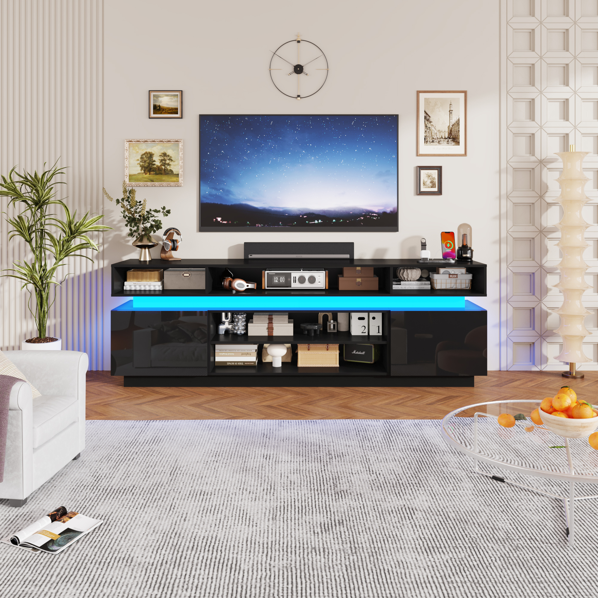 ChVans 82.7" LED TV Stand for up to 95" TVs with Power Outlet, Modern Tall Entertainment Center with Storage, High Gloss Gaming TV Media Console with 2 Storage Cabinets for Living Room, Bed Room