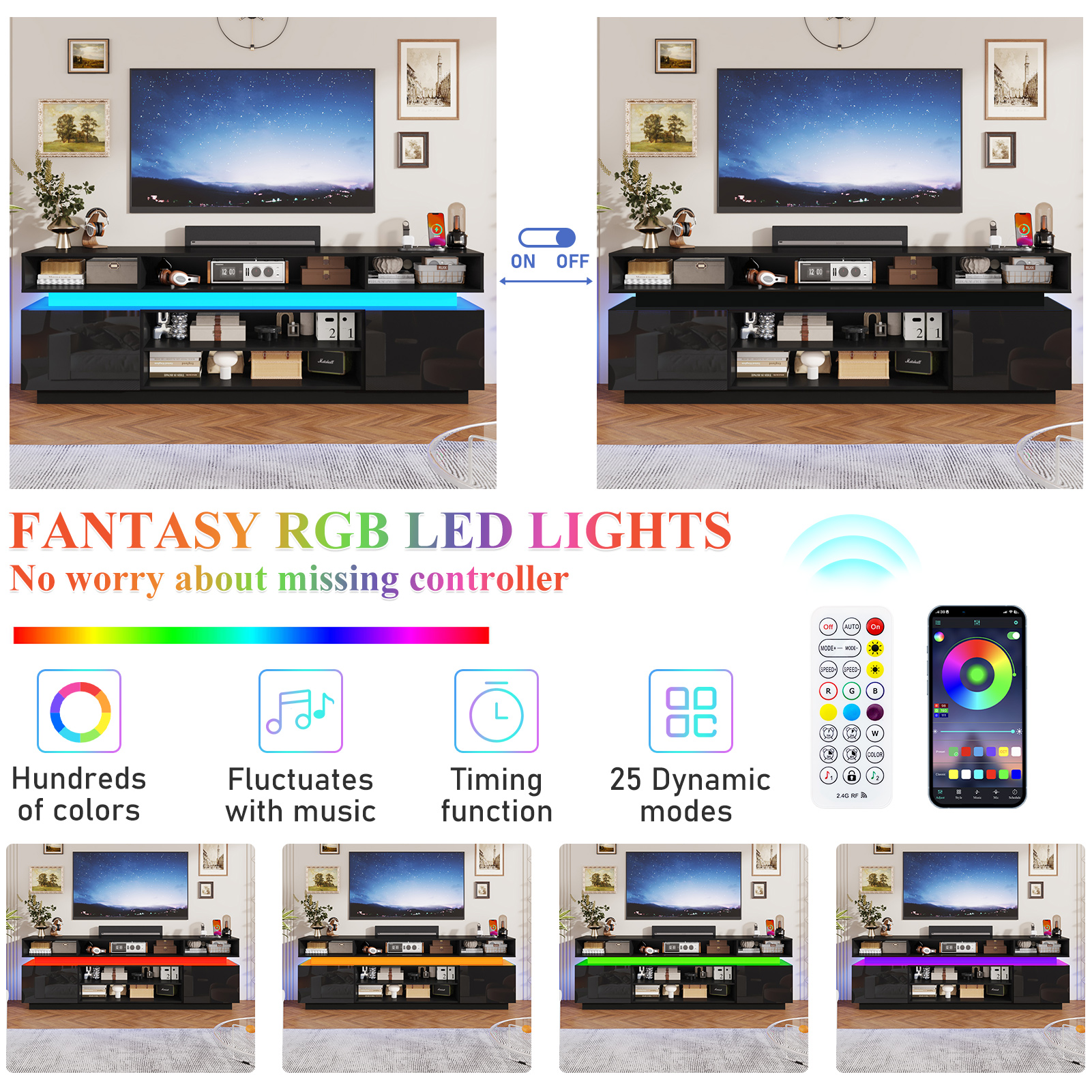 ChVans 82.7" LED TV Stand for up to 95" TVs with Power Outlet, Modern Tall Entertainment Center with Storage, High Gloss Gaming TV Media Console with 2 Storage Cabinets for Living Room, Bed Room