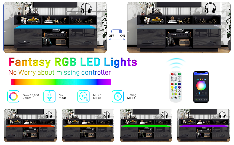 ChVans LED TV Stand for up to 80" TVs with Power Outlet, Modern Tall Entertainment Center with Storage, High Gloss Gaming TV Media Console with 2 Storage Cabinets for Living Room, Bed Room