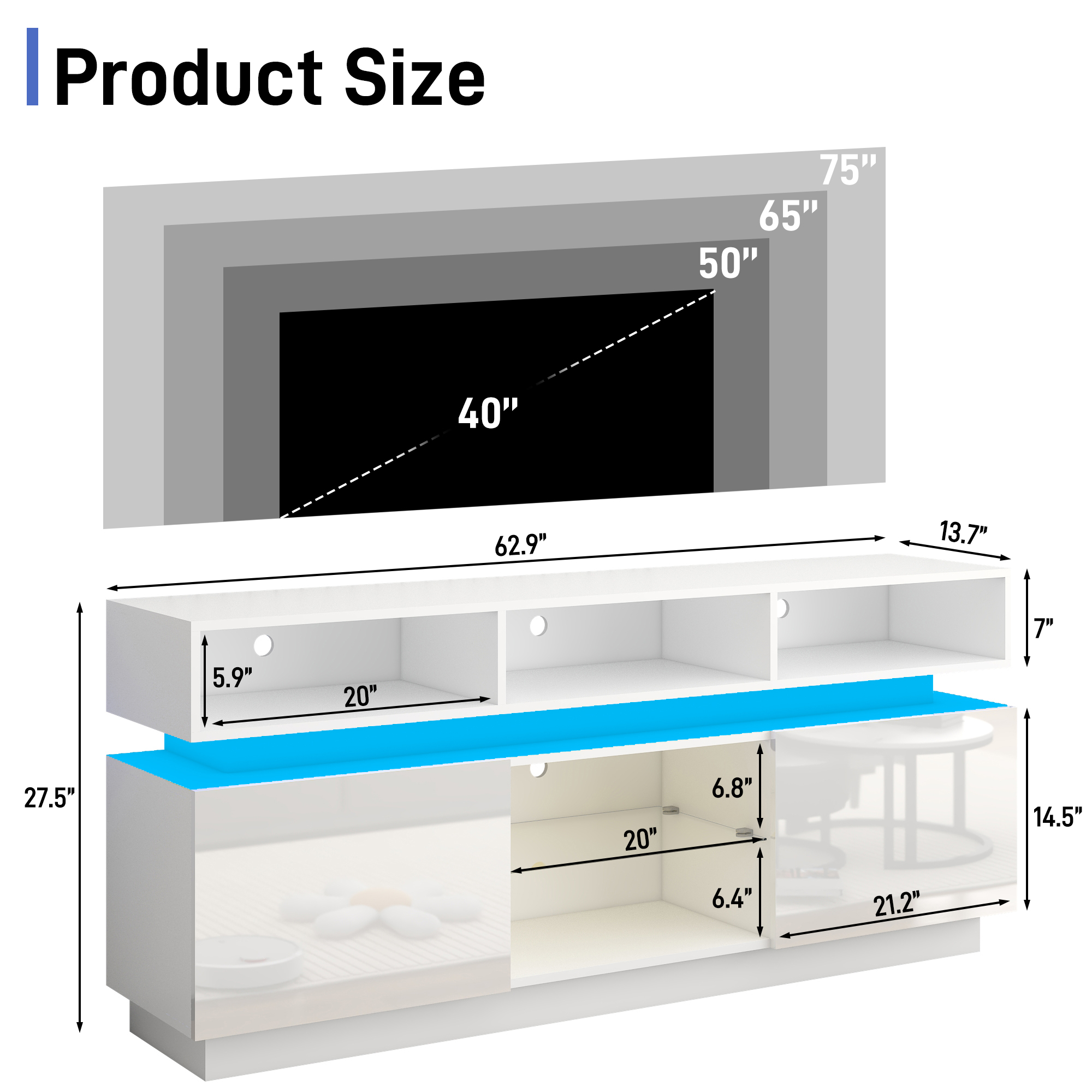 ChVans LED TV Stand for up to 80" TVs with Power Outlet, Modern Tall Entertainment Center with Storage, High Gloss Gaming TV Media Console with 2 Storage Cabinets for Living Room, Bed Room